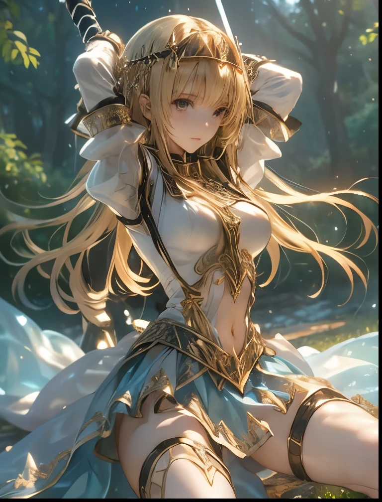 (((SFW、Accuracy、Highest quality、 A first-class masterpiece 、 Normal body 、32K、 detailed face 、 super precise、 Real Color 、5 fingers、Highest、3d)))Alisha、『Valkyrie Profile 2』、Golden Hair 、 long hair、 short、Big Breasts、 slender、 slim、Navel exposed、ribbon underwear、 high leg、Sheer Dress、 Navel Exposure 、Navel Heart Dirty Tattoo、Muscle Exposure、Half naked、See-through Erection Nipples Ultra Thin Transparent Damaged Dress、damaged miniskirt、Chain lead slave iron collar、Holding a thin sword、Fine Toe Tissures、Stick your sword forward、Swinging the Sword、 Panchira、Leg Raise and Open Legs Sexy Pose 、 embarrassed、 Sense of Speed 、 cast magic、Shining Magical Light、A figure suitable for slavery
