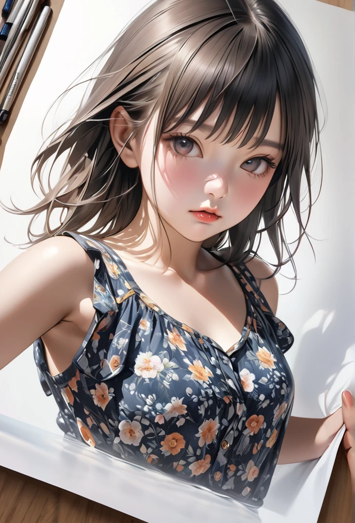 ((of the highest quality, 8K,Raw photo)), (Realistic, Photorealistic: 1.37), (Face Focus: 1.1), Small breasts, flat chest, Longhaire, A Japanese Lady、20yr old、Japan idol system、(Sleeveless: 1.1)、Skirt,