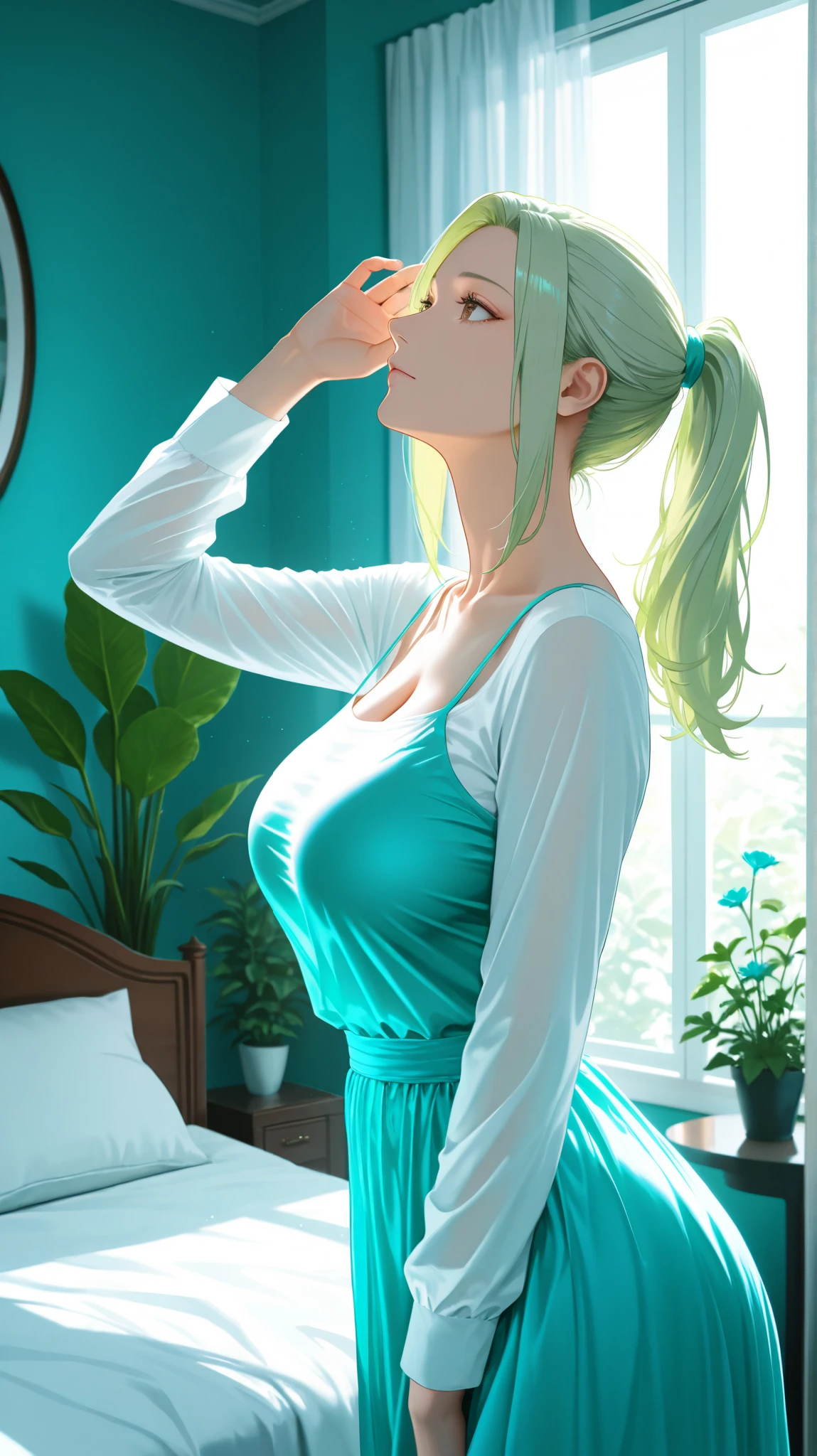 masterpiece, high score, great score, absurdres, full body, portrait, upper body, beautiful woman, blonde hair, medium hair, hair slicked back, sidelocks, beautiful brown eyes, white t-shirt, simple background, vivid colors, volumetric lighting, soft lighting, facing up, side view , full body in set on bedroom, plants and flowers background, attractive design and royal looks, blue dress, blue light, light blue eye, bedroom sets on, attractive design and royal looks ,Masterpiece, newest, high contrast, high quality, ultra HD,very aesthetic, vibrant, mature female, hinata hyuga, high ponytail long hair, light green hair color, light green eye color, camisole, perfect breast, upper body, ultra detailed, highres, best quality, home, semrealistic, hinata\(boruto\) style, cowboy shot, looking at viewer, dark light green colour costume, long sleeve shirt, indian traditional costume for wedding anniversary costume, dress covered,dress covered in sunlight reflection view.