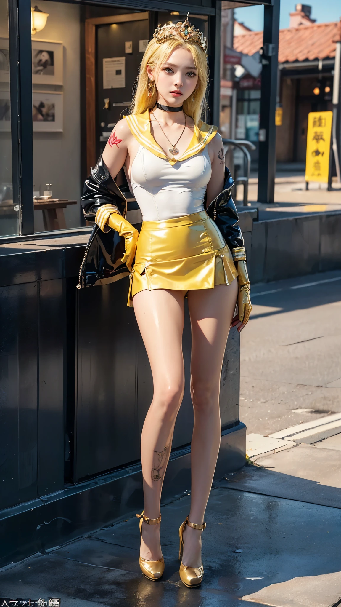 A captivating and enchanting photo illustration of a mesmerizing lemon demoness, resembling a seductive succubus. Clad in a striking lemon-colored dress, she exudes a dominating presence. The demoness, with her light skin tone, long wavy blond hair, is seductively posed amidst the cozy ambiance of a European cafeteria during a sunny day. The warm sunlight casts a golden hue, enhancing the vibrant lemon shades of her attire. The atmosphere is filled with an air of mystery and seduction, drawing viewers into the captivating scene., photo, cinematic