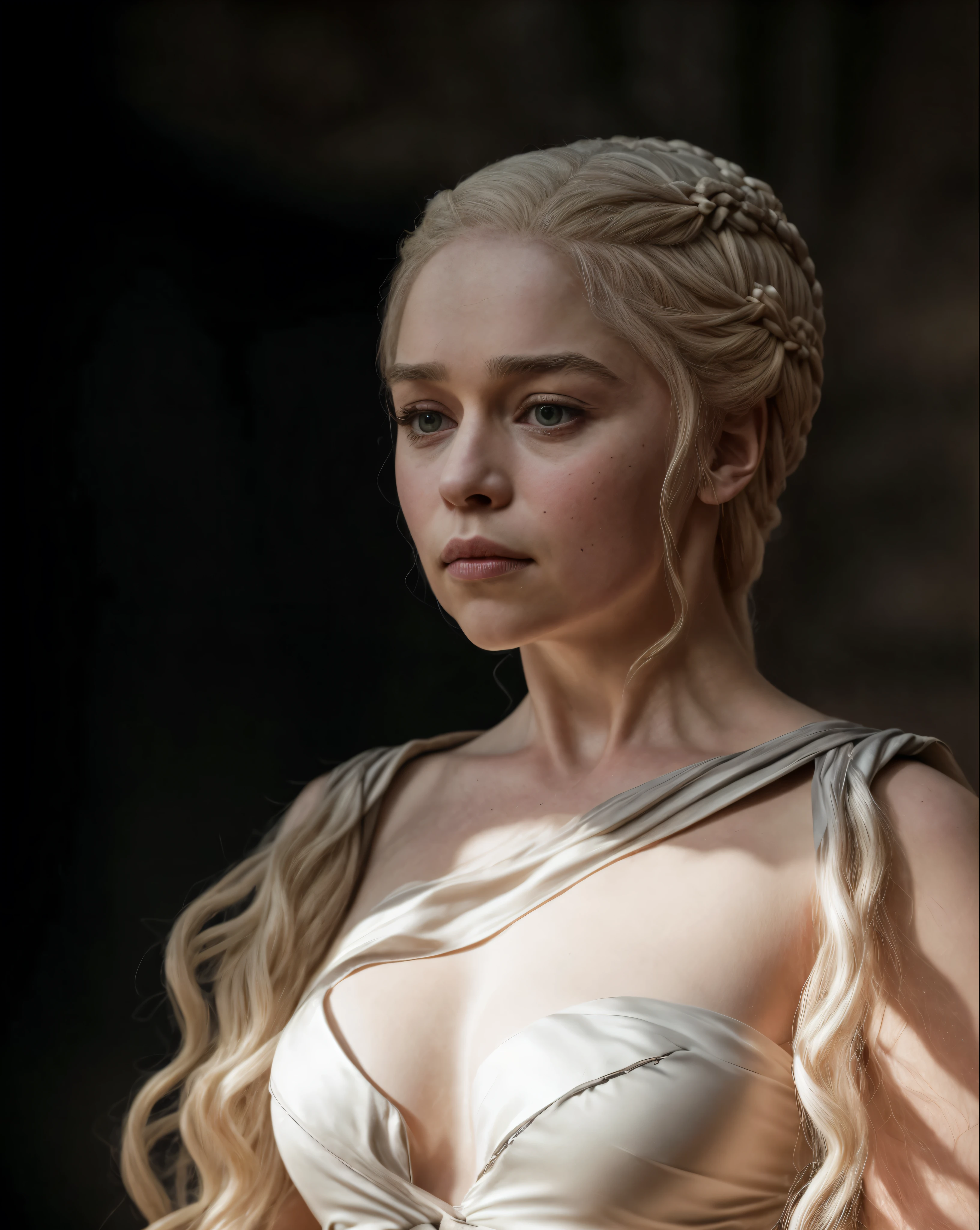 masterpiece, Ever gorgeous Daenerys Targaryen, surreal , ethereal beauty, mother of the dragons, queen Daenerys Targaryen, stunning beauty, ravishing beauty, enchantress, stunning portrait photo of khls woman, front facing towards the camera, wearing Erotic mediaeval costumes, War Costumes , sharp focus, natural lighting, subsurface scattering, f2, 35mm, film grain, Regal Beauty, Regent Queen, silk satin, linen clothes, beautiful ruler queen, sexiest majestic queen dress, Sharp focus texture and color. Cinematic lighting to capture authentic skin shine and depth. Sensual dress, likelike textures, aesthetics, anatomically accurate, golden hour glow, Game of thrones inspired background, highly detailed skin texture, beautymarks, mole on the breast, skin pores, rough skin, perfectly styled beautiful blonde hair, sequin velvet apparel, vibrant rich colours, saturated colours, dark moody tones, fantasy movie caps, imperial sensual clothes, fairy like dress, awesome beautifully styled hair, colourfull, visually appealing, elegant, ravishing, enchantress, alluring, mesmerizing, hypnotizing, closed-mouth smile, Ethereal beauty
, Magical allure, Mythical elegance, Dreamy prettiness, Charming fantasy, Fantasy grace, cinematic vision, fantasy movie caps, fantasy tv series caps,