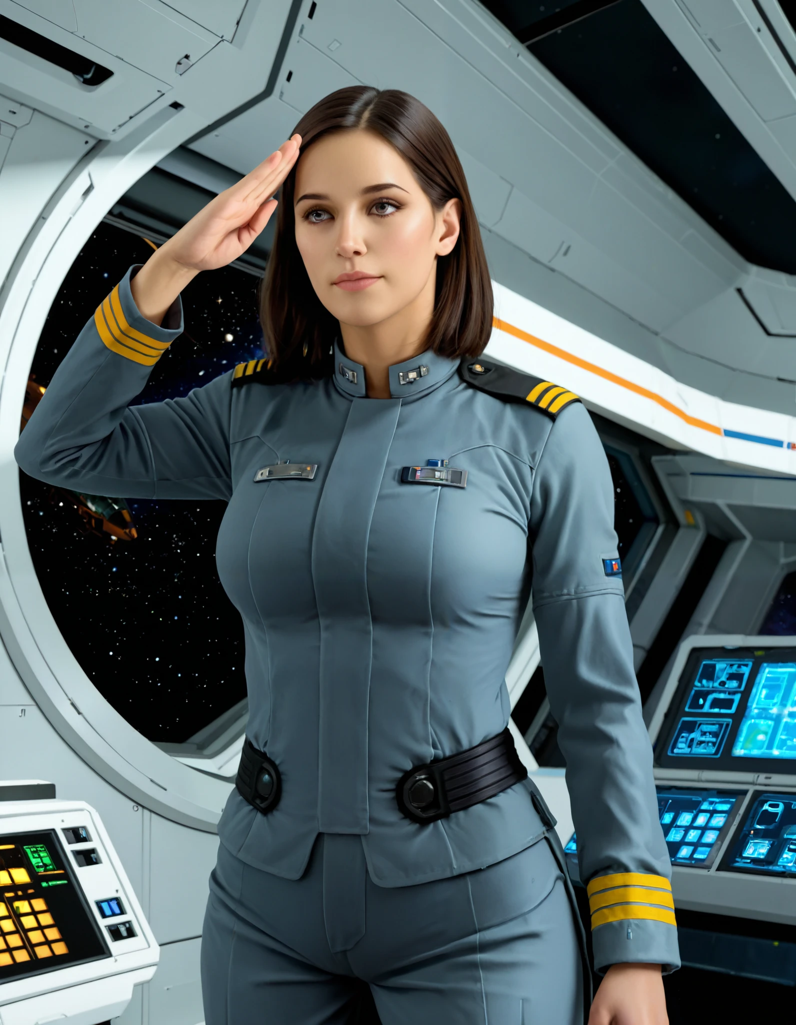 Masterpiece, high-res, 2k, best quality, realistic , mirandak woman , brown hair, black uniform, space ship, sci-fi, cowboy shot, salute, grey uniform