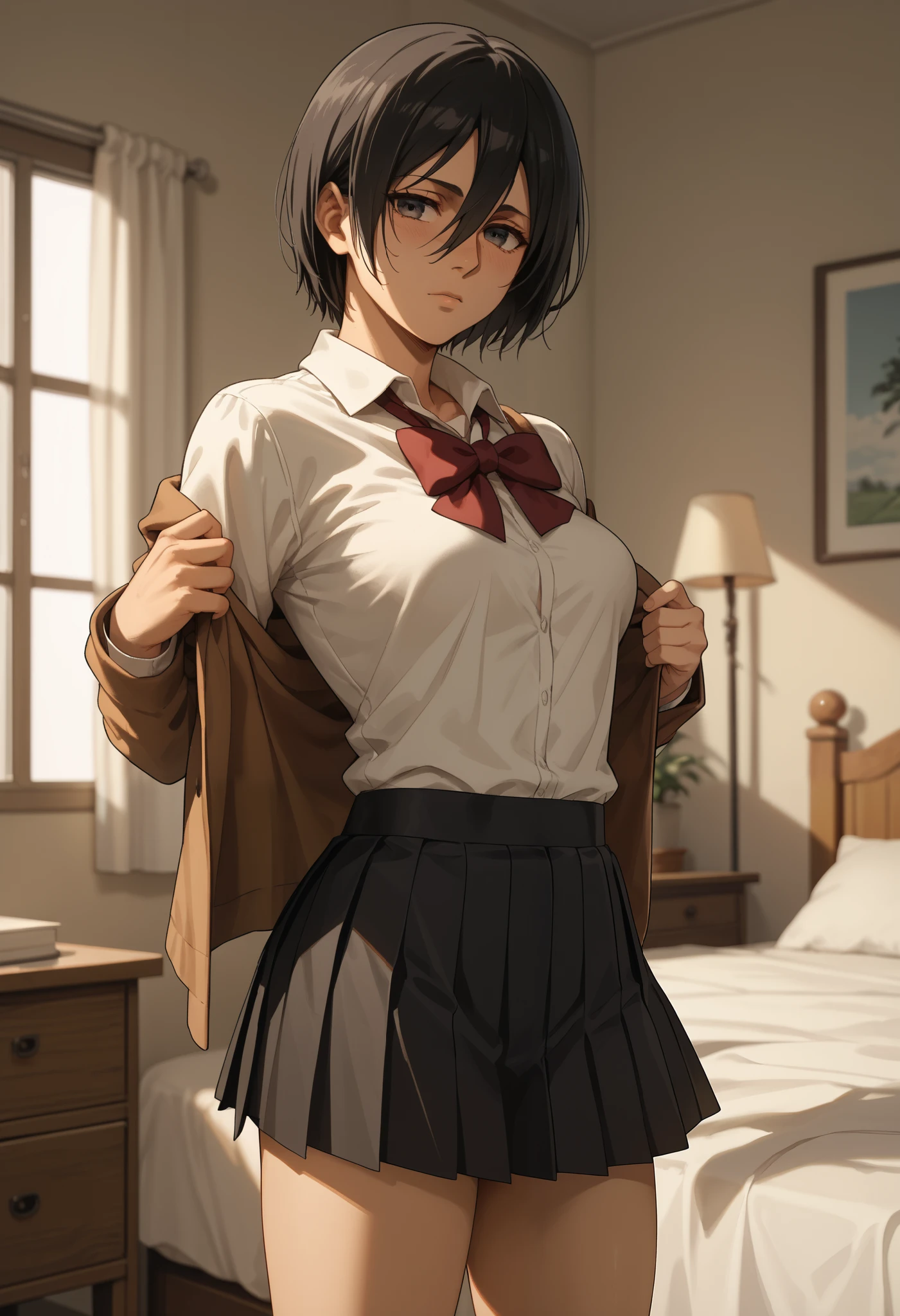 Masterpiece, 8k quality, extremely detailed, Mikasa ackerman, aot, medium breasts, bedroom background, school uniform, mini skirt