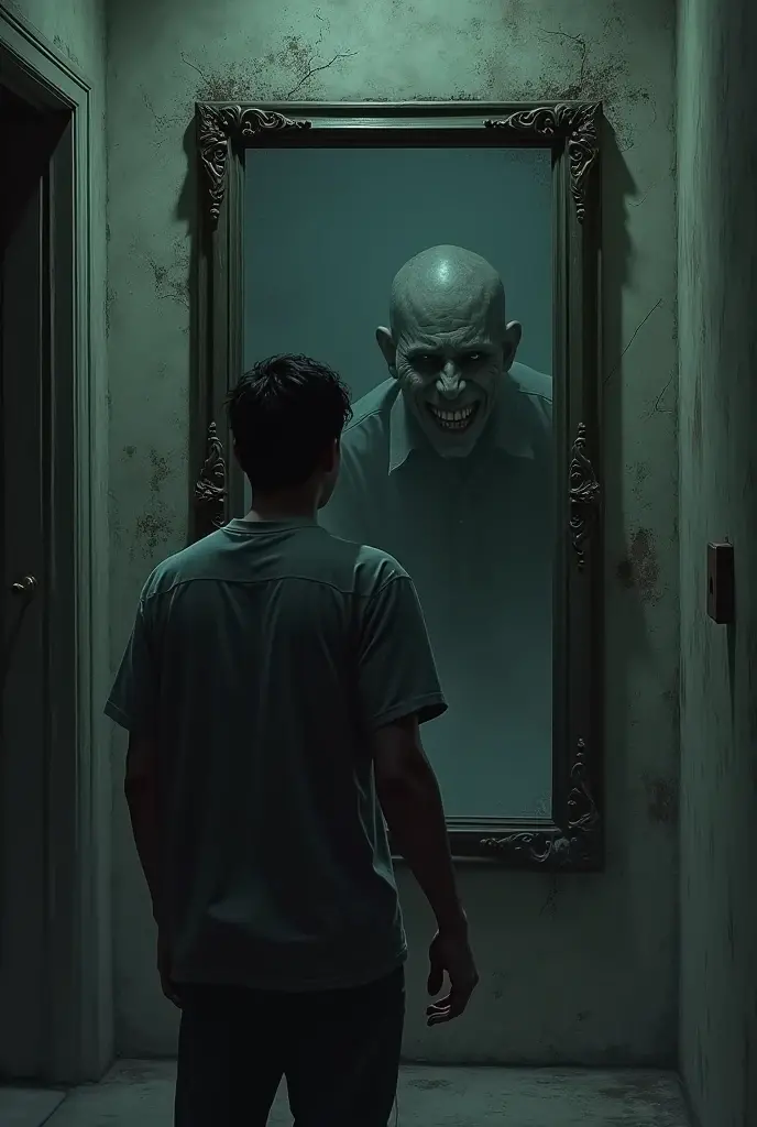 The dusty mirror in the hallway: A dusty old mirror at the end of a dark hallway, reflecting a distorted image of Marcos. The figure in the mirror must have a sinister smile, creating a frightening contrast with Marcos' expression. sinister grin!
