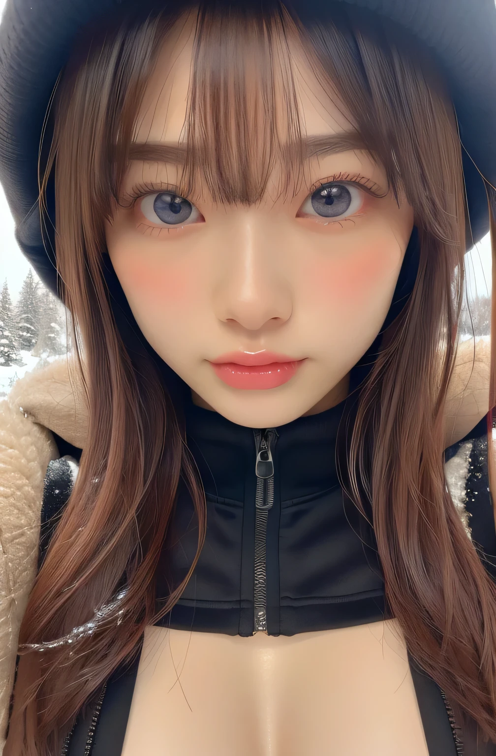 nsfw, white ski jaket, open shirt, on ski, snow cap, bottomless, in the snowy mountain, skiing, medium boobs, Nipples, vagina, show off pussy, pubic hair,  cowboy shot, black hair, sensual expression, full body:1.4, spread legs, ( Clear Eyes:1.4), ( very cute:1.2), ( very fine skin texture :1.4), top quality , masterpiece, super high resolution,( photorealistic :1.3),( 8K Ultra HD , RAW Photo :1.2),double eyelid, view from below sky:1.3
