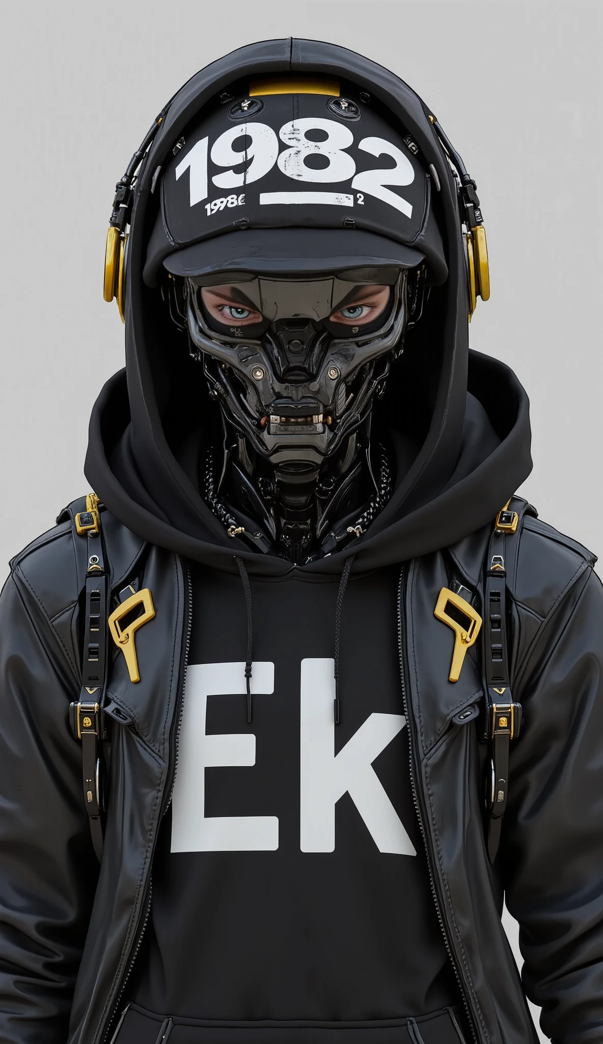 Cyberpunk robot, 2d, cartoonized, close-up, stylized figure with a futuristic, mechanical head, wearing a black hoodie & t-shirt with text "Ek" in large, bold white letters, headwear with text "1982" in bold white letters on black background, metallic face, dark grey & black color palette, gold accents on mechanical details, industrial aesthetic, front view, detailed textures of clothing & armor, headphones visible, logo on hoodie.without mouth, symmetrical+++, gray theme