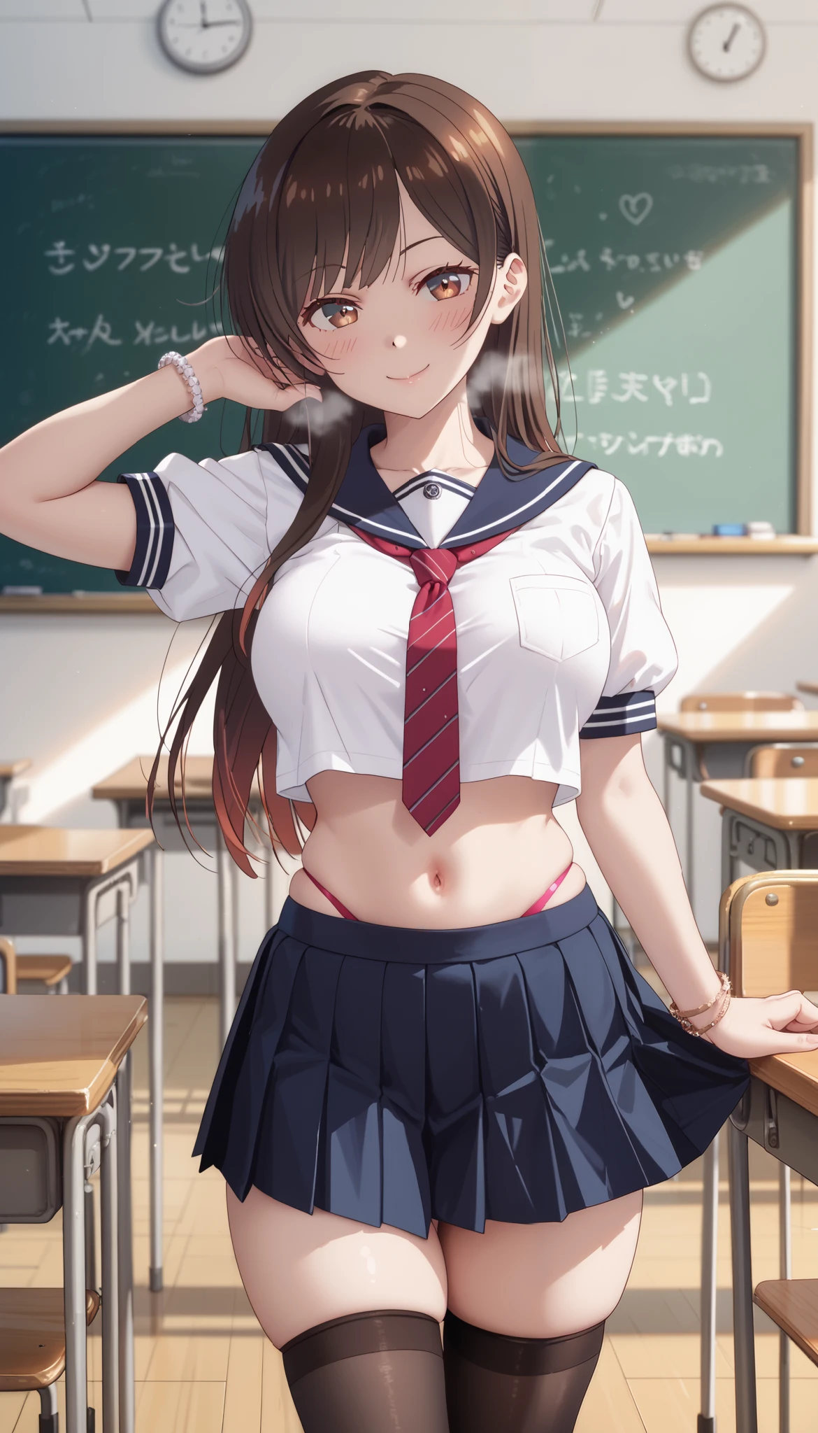 chizuru ichinose, side tie up, masterpiece, best quality, highres, chi1, 1girl, long hair, solo, bracelet, bangs, 1girl, solo, skirt, chalkboard, breasts, school_uniform, thighhighs, navel, crop_top, large_breasts, smile, long_hair, looking_at_viewer, serafuku, blue_skirt, pleated_skirt, white_thighhighs, midriff, bangs, indoors, classroom, sailor_collar, thighs, crop_top_overhang, short_sleeves, skindentation, shirt, miniskirt, cowboy_shot, necktie, closed_mouth, zettai_ryouiki, white_shirt, stomach, sensual pose, from aside, standing, hand on back head, thong, , heavy breath, seductive smile, blush, m pose, underwear, navel,