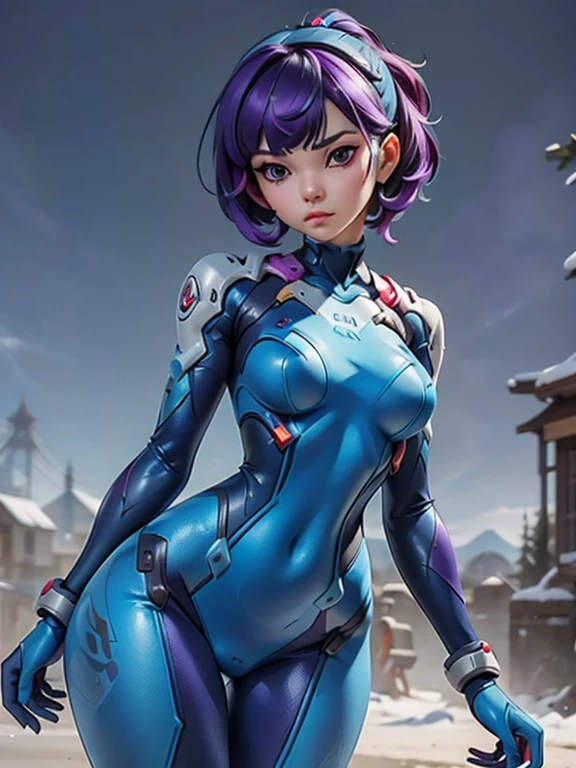 ((full body):1.5) ((1woman+cyborg+ninja):1.2): only she is wearing mecha+ninja+spiderman clothing, black with white parts, extremely tight on her body, only she is doing erotic pose for the viewer, smiling, look of pleasure, expression of, naughty face, leaning against a pillar, only she has short purple mohawk hair and sparkling blue eyes, only she is in a mythical temple with ((ghostly environment):1.2), it's night, ((raining hard):1.2), 1 full moon in the sky.