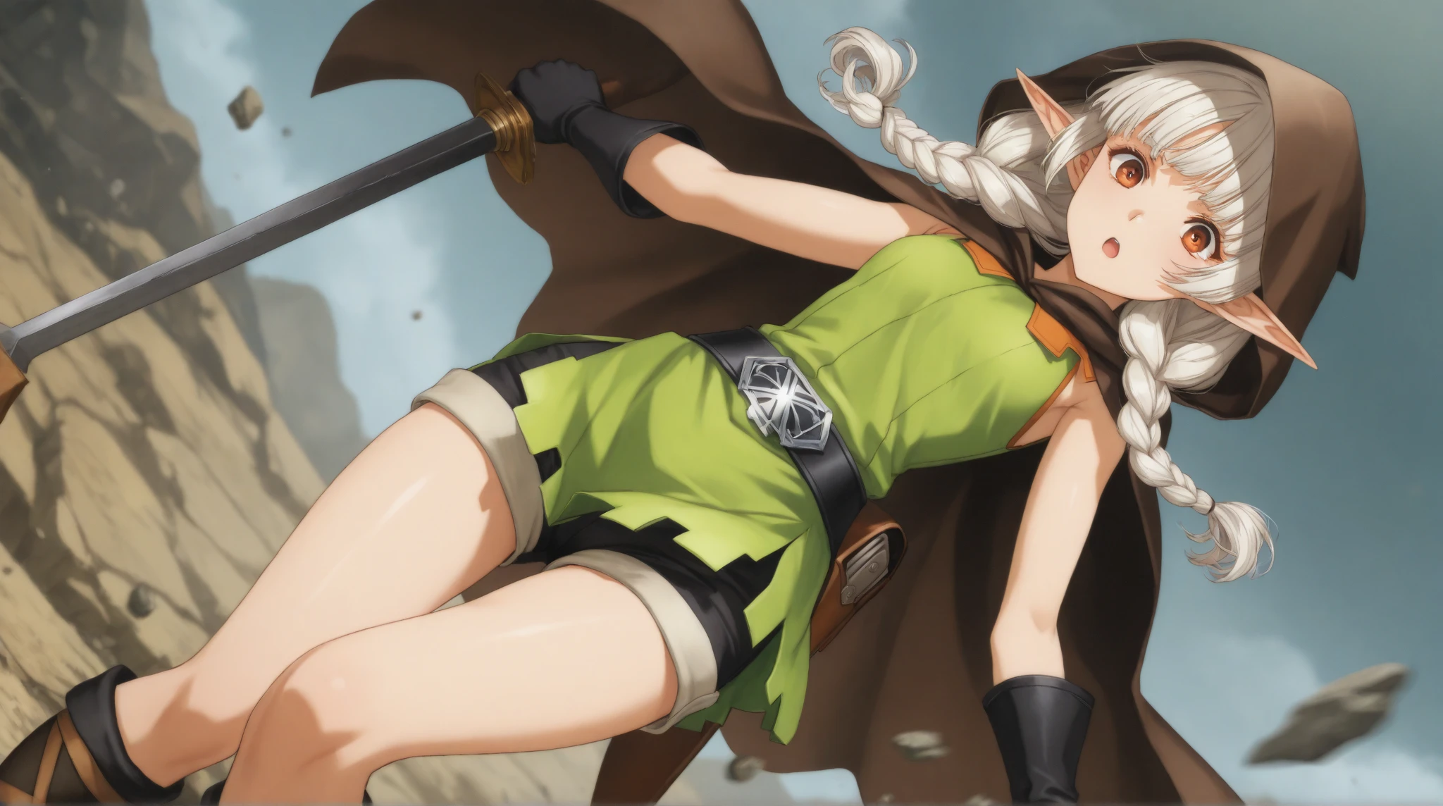 (masterpiece:1.2, best quality, amazing quality, very aesthetic, high resolution, ultra-detailed, absurdres, newest, Anime screencap, highly detailed, high quality, Intricate,), (1woman\elf:1.3\Dragon's Crown:1.3\hood\Light green sleeveless dress\Shorts\Long boots: 1.3\knee-length\Silver hair\pigtails, BREAK, dynamic angle, cowboy shot, BREAK, kiri