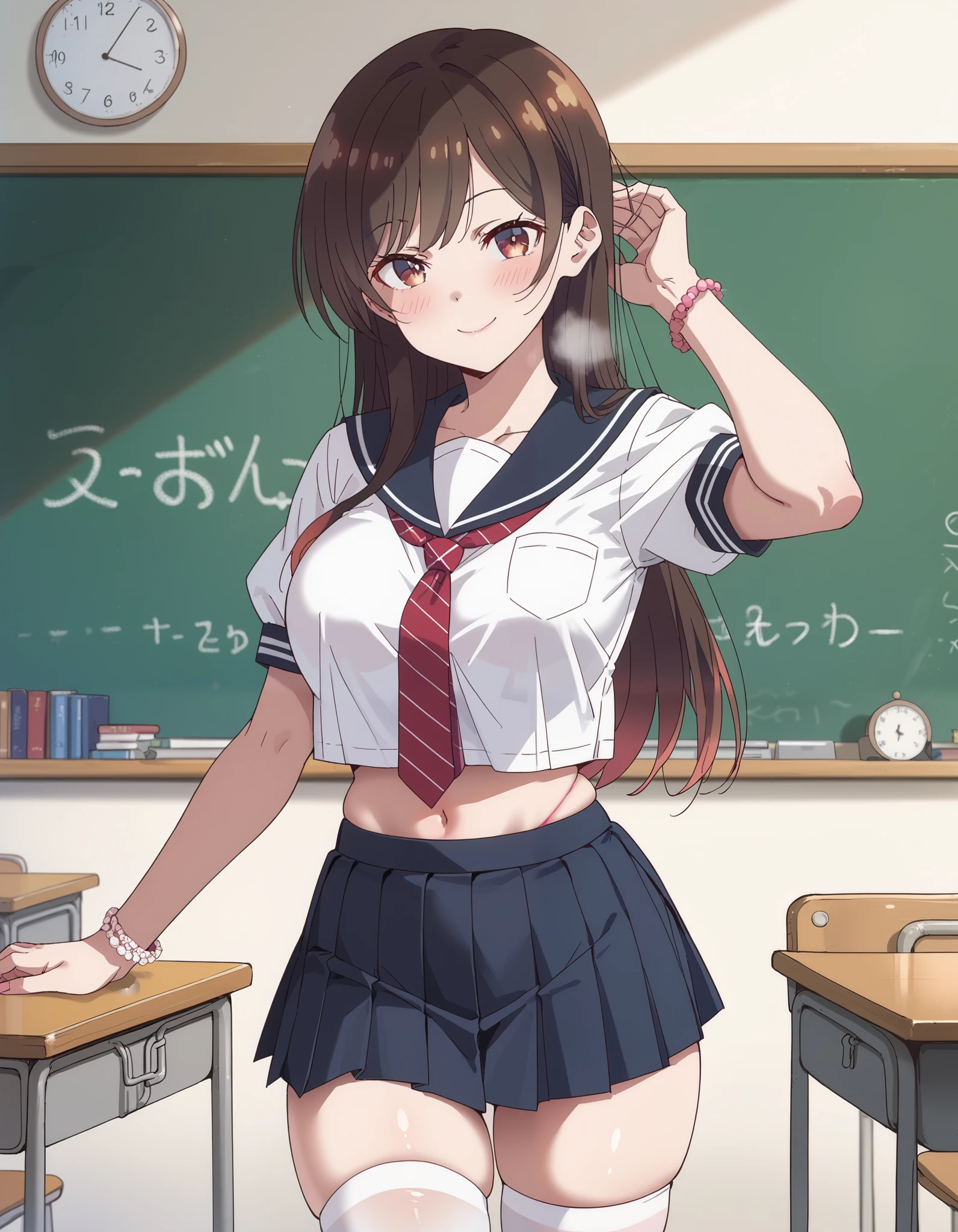 chizuru ichinose, side tie up, masterpiece, best quality, highres, chi1, 1girl, long hair, solo, bracelet, bangs, 1girl, solo, skirt, chalkboard, breasts, school_uniform, thighhighs, navel, crop_top, large_breasts, smile, long_hair, looking_at_viewer, serafuku, blue_skirt, pleated_skirt, white_thighhighs, midriff, bangs, indoors, classroom, sailor_collar, thighs, crop_top_overhang, short_sleeves, skindentation, shirt, miniskirt, cowboy_shot, necktie, closed_mouth, zettai_ryouiki, white_shirt, stomach, sensual pose, from aside, standing, hand on back head, thong, , heavy breath, seductive smile, blush, m pose, underwear, navel, anime style, cel shading, smooth lineart, highly detailed eyes, vibrant colors