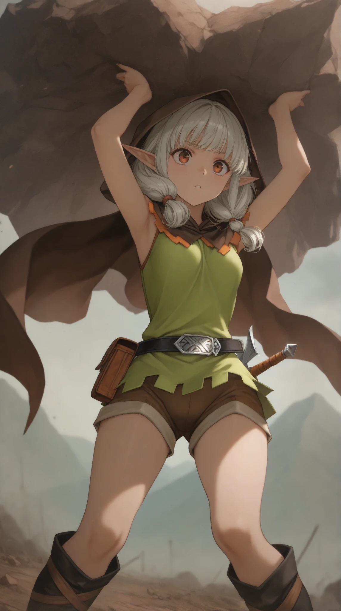 (masterpiece:1.2, best quality, amazing quality, very aesthetic, high resolution, ultra-detailed, absurdres, newest, Anime screencap, highly detailed, high quality, Intricate,), (1woman\elf:1.3\Dragon's Crown:1.3\hood\Light green sleeveless dress\Shorts\Long boots: 1.3\knee-length\Silver hair\pigtails, BREAK, dynamic angle, cowboy shot, BREAK, kiri
