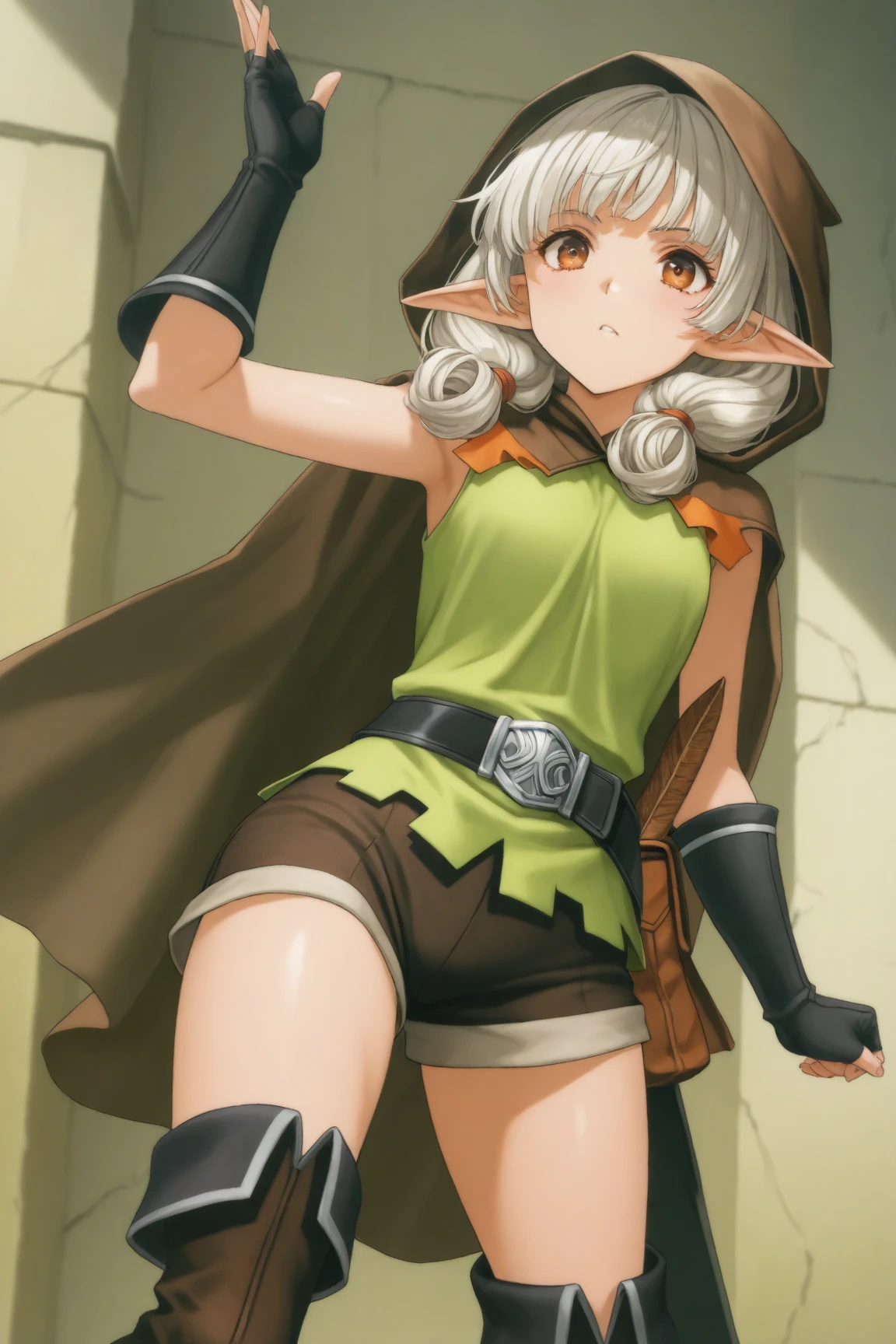 (best quality), (masterpiece), 1 girl, early 20's, huge heavy breasts, busty, perky breasts, thick, thick lips, wide hips, thin waist, twin braids, hood, brown cloak, green tunic, gloves, belt, brown shorts, thigh boots, very short girl, small stature