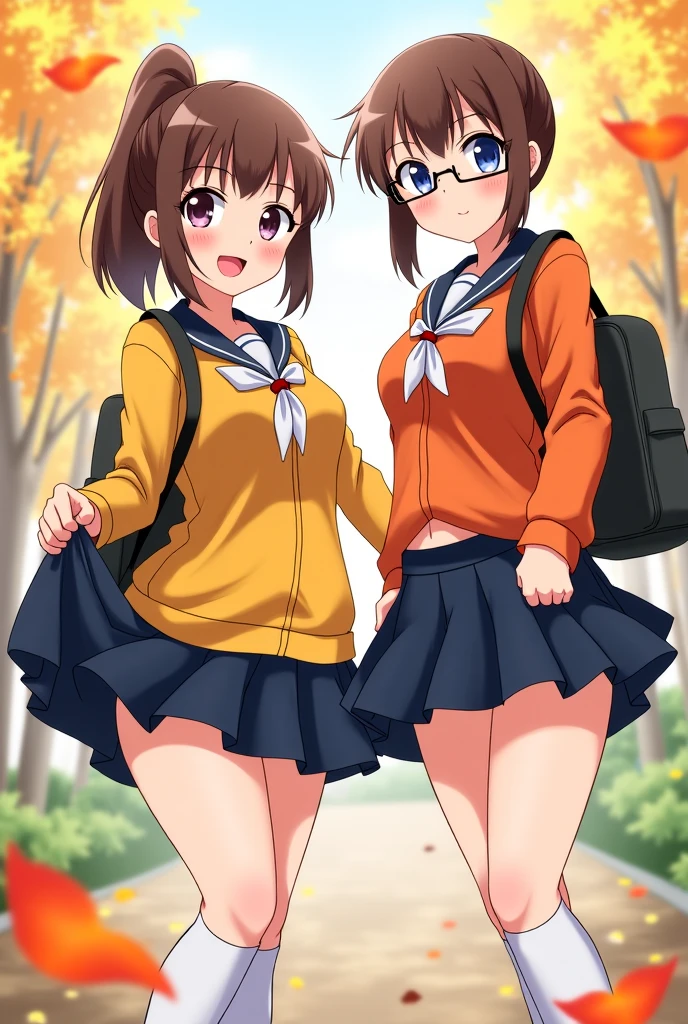 highest quality, Ultra-high resolution, (Realistic: )2D official style cel animation,((2Girls sitting in a row))Primary school students、Brown、ponytail、White Big Ribbon、Glasses、Blue Check Mini Skirt,summer shirt,Unbutton、(Lace panties),loose socks,sneakers,Full body portrait,(From below),Station stairs,sunny,Spread your legs、from the front、blush、shut up、