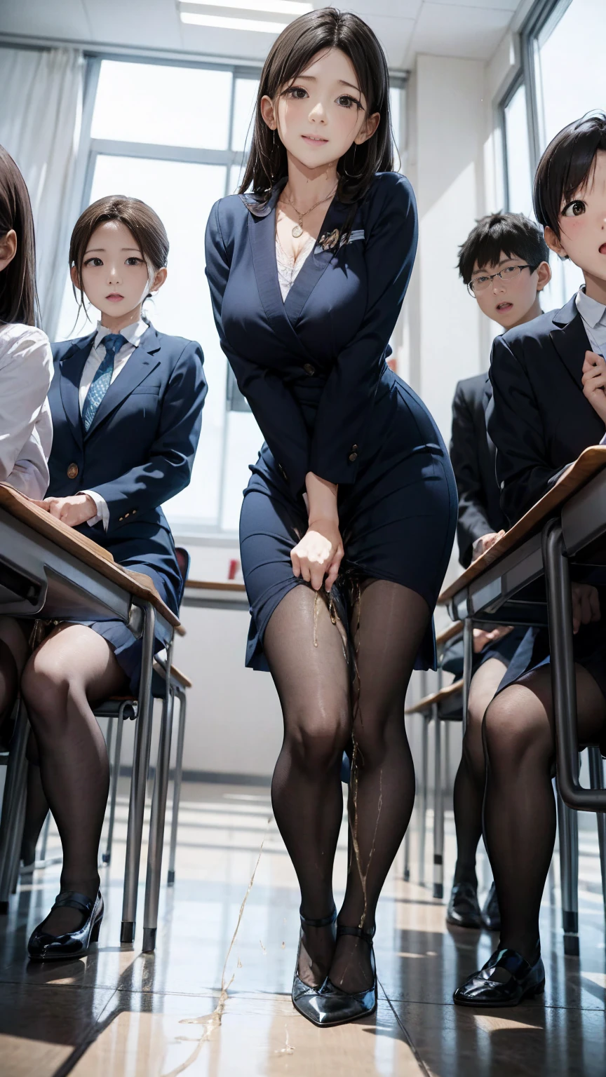 Female teacher pees in group photo、When taking a group photo with many students, only the female teacher pees、There are many students behind the female teacher.、The students are facing the same direction as the female teacher、Urinary incontinence、peeing herself、A lot of pee、From below、White Suit、White Mini Skirt、White High Heels、Perfect figure、Extremely beautiful、Peeing while standing upright、Steam rising from the pee、Female teacher is embarrassed、Many students are looking at the female teacher