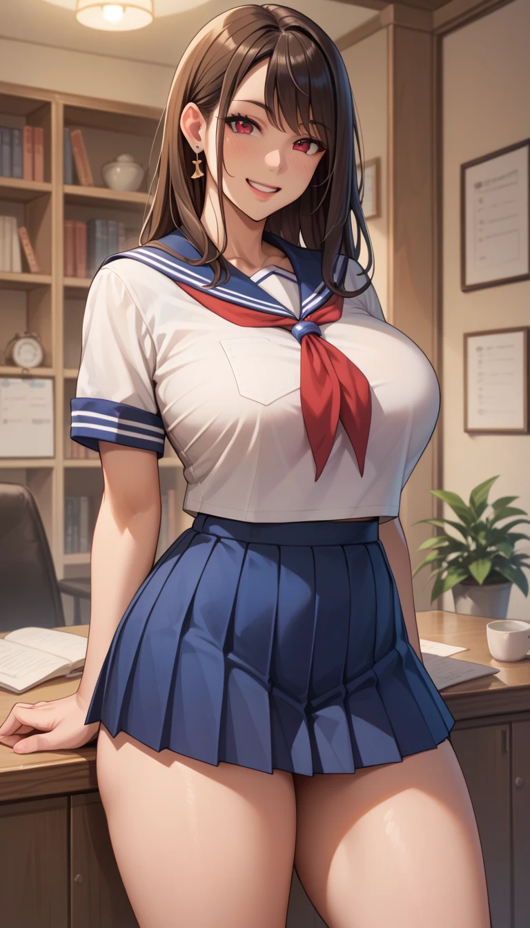 (masterpiece,highest quality,超A high resolution),japanese woman, (((Very beautiful 25 year old girl))), pretty girl、look at the photographer、 ((beautiful low ponytail)), super cute face, glossy lips, double eyelids in both eyes,natural smile、 natural makeup, long eyelashes, Shiny and smooth hair、center image, perfect limbs, perfect anatomy,(((school uniform))、School,glasses,blush,lift up skirt