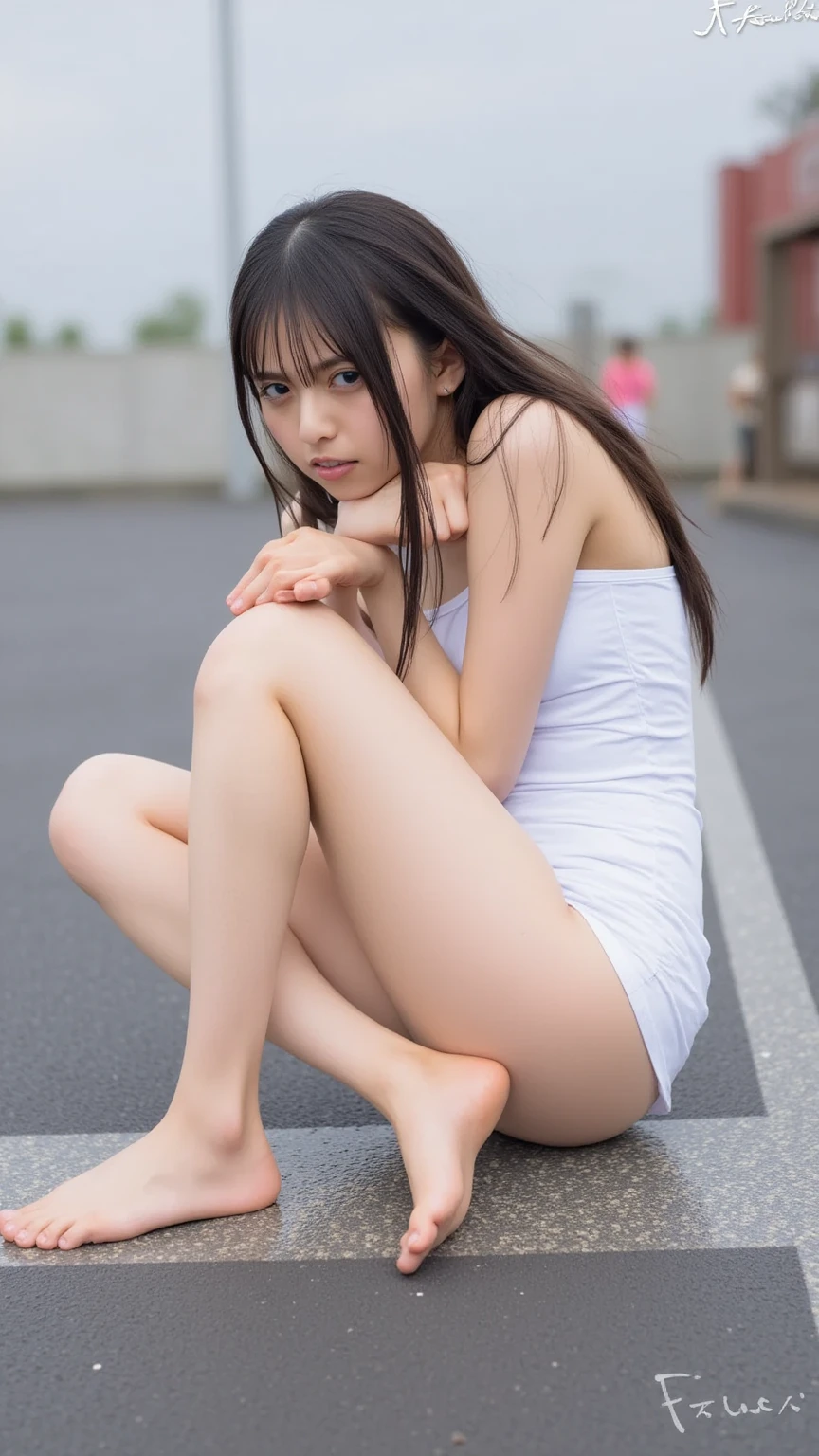 Realistic pretty Japanese age girl, dark hair tied, erotic, sleeveless chemise white sheer deep slit, pokies, flat chest, small breast, thigh, groin, bare feet, sweat, moist, kneeling in street corner, spread legs, crowd cheering