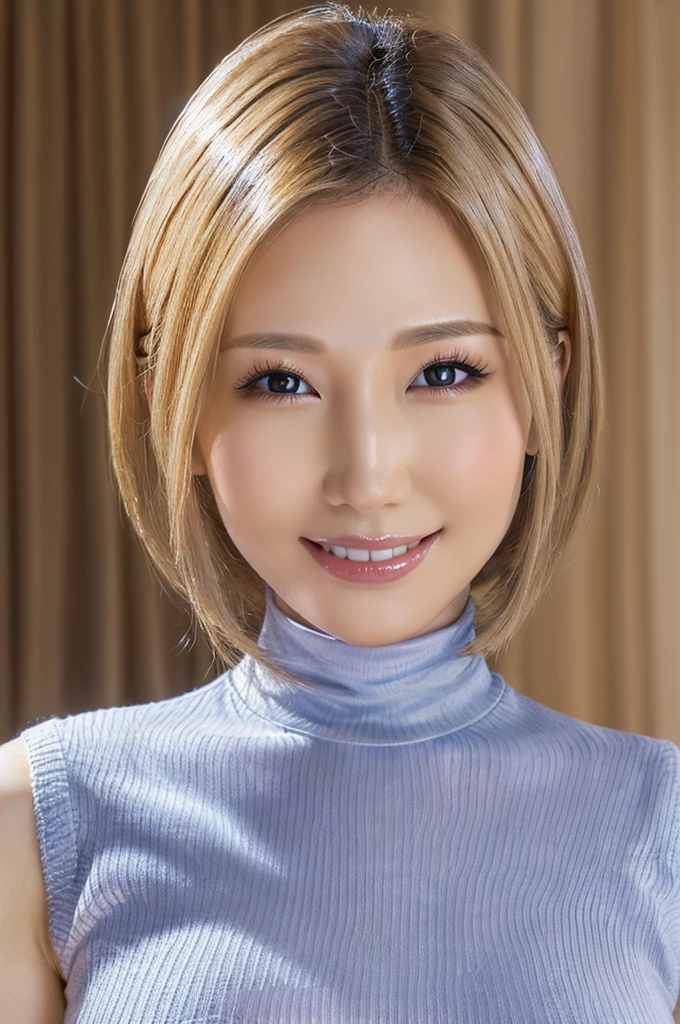 80's_jiaopian, 1girl, blonde hair, ((realistic)), ((photorealistic)),((high-res, masterpiece, best quality, cinema lighting)), masterpiece, best quality:1.2), upper body, solo, 1girl, smile, closed mouth, masterpiece, best quality, 4k, photograph, cinematic lighting, model shoot, perfect lighting, perfect detailed face, professional photo shoot, seductive smile, wide hips, thick thighs, short female,(((huge breasts))),((((Shizuka Morikawa)))), blonde hair, blue turtle neck sweater, sleeveless, realistic,(((beautiful))),Japanese female,((mature female 1.3)