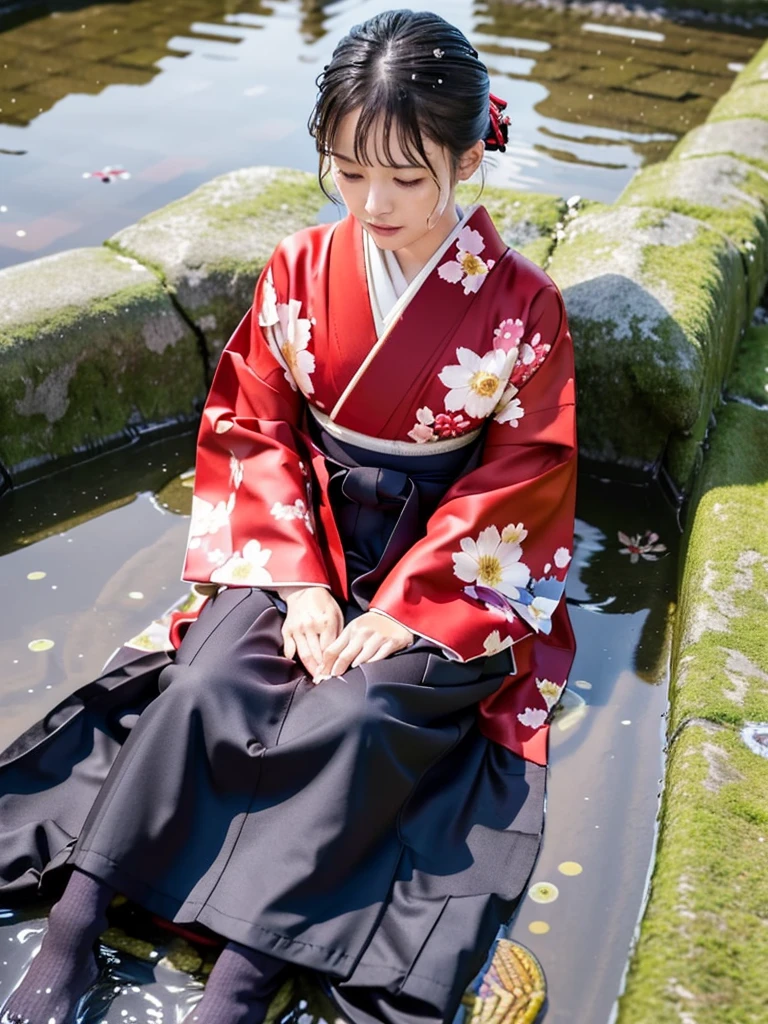 (8k, RAW photo, highest quality, masterpiece: 1.2), Super detailed, super resolution, (genuine, genuine photos: 1.37), portrait, High-definition RAW color photo, professional photos, 非常に詳細で美new, very detailed, 8k wallpaper, amazing details, huge file size, official art, very detailed CG Unity 8k wallpaper, very detailed beautiful girls, very detailed facesHighly detailed eyes, Very fine skin, very detailed fingers, very small nose, very detailed detailed mouth, perfect anatomy, detailed background, fine clothes,20th generation, cute girl, genuineistic body, white skin, glowing skin, (dull bangs: 1.2), smile, cute, like々new, cute face, genuineistic face, delicate eyes, sagging eyes、(Black image on red base 3.1)、(Kimono 1.2)、(Oiran 1.2)、(悲new表情), ((sexy and dynamic pose)), earrings, looking at camera, Contrapos, dynamic lighting, G cup breasts,big breasts、whole body、(Japanese garden scenery1.2)、(Expose 1.2)、(Short furisode 1.2)