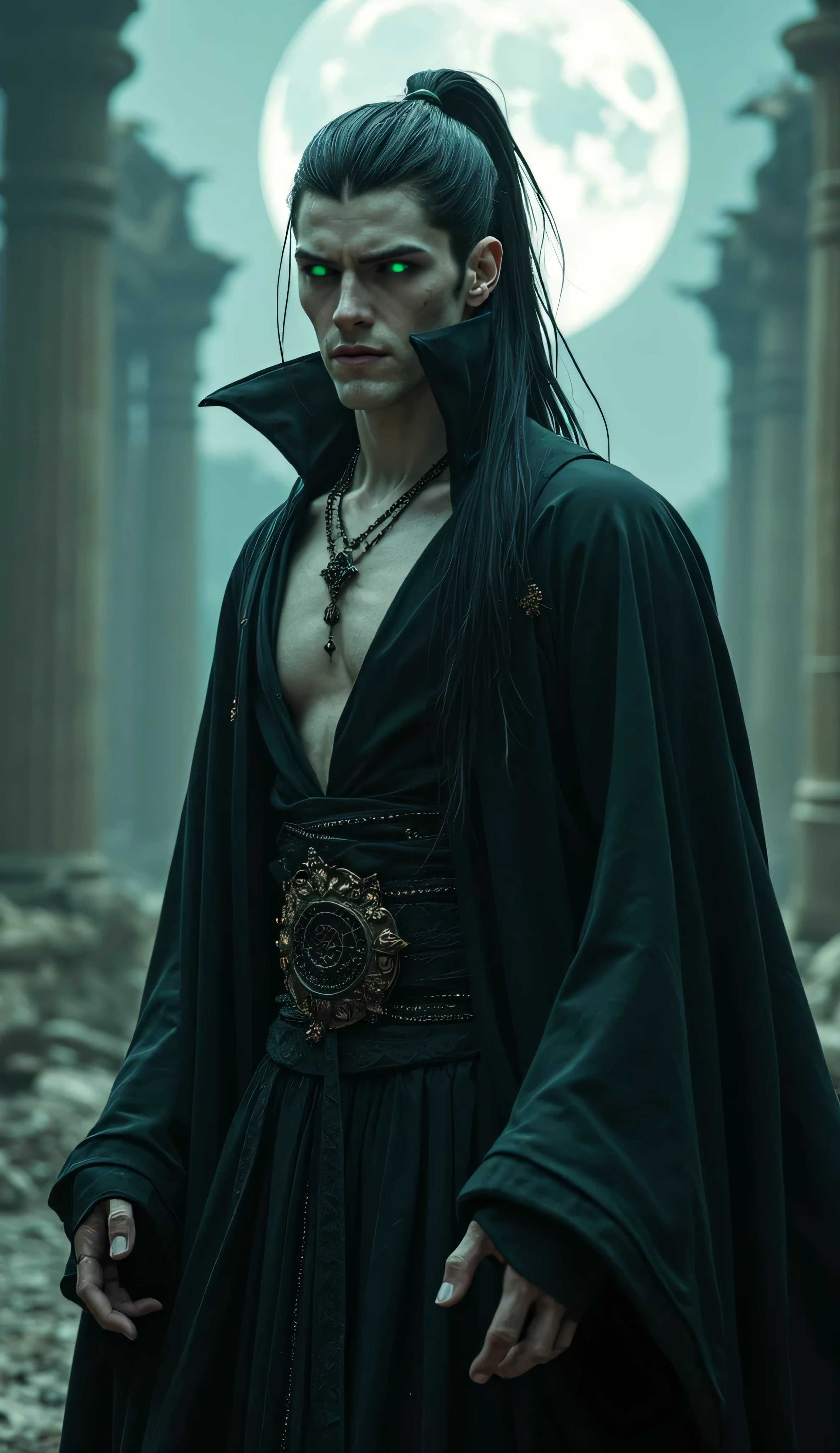 A male striking vampire with long, silky black hair tied in a high ponytail, his sharp, defined jawline enhancing his eerie beauty. His sickly green-glowing eyes pierce through the mist, and his porcelain skin is marked with faint traces of ancient talismans. Dressed in ornate dark silk robes, his long fingers twitch as if resisting an eternal hunger. Behind him, an abandoned temple stands under a pale moon.