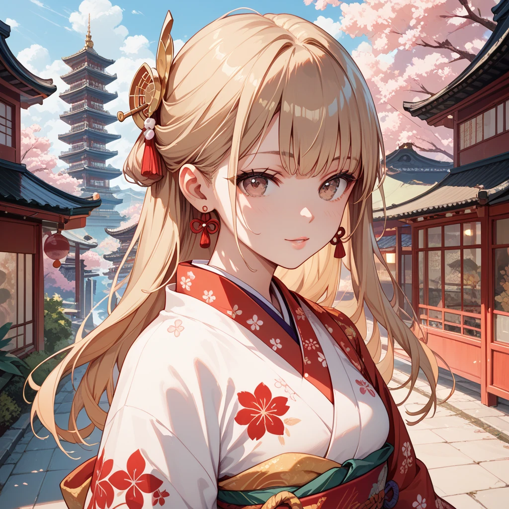 (masterpiece, best quality), digital art, digital painting, fine art, official art, oil painting,
1girl, solo, ereshkigal, blonde hair, earrings, hair bow, hoop earrings, jewelry, long hair, parted bangs, (red eyes:1.5), two side up, luxury red dress, <lora:ereshkigaltest:1>, looking to the viewer, light smile, (((<lyco:GoodHands-beta2:1.0>))),
by Stanley Artgerm , deviantart, pixiv fanbox,
outdoors, Cherry blossom in background, japanese architecture,
ultra high res,4K,ultra-detailed, photography, 8K, HDR, highres, absurdres:1.2, Kodak portra 400, film grain, blurry background, bokeh:1.2, lens flare,
