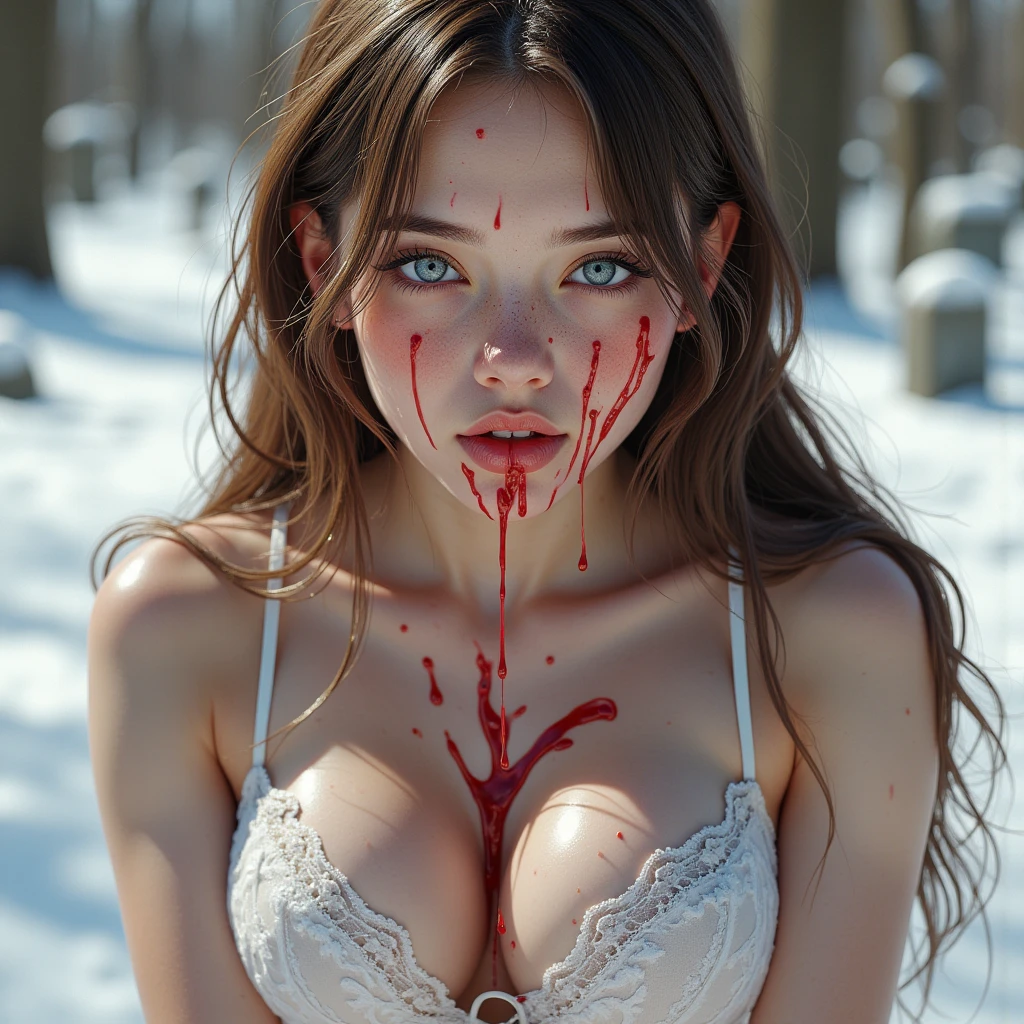 a semi naked girl in a dark, pubic hair, open Cardigan, ((blood splatter)), ((blood drippingfrom the face.), dripping eyes, foggy forest, detailed horror scene, best quality, 8k, (photorealistic:1.37), (ultra-detailed:1.2), detailed background, detailed fog, frost covered trees, dark and moody color palette, dramatic lighting, (horror theme:1.3), (nude girl:1.25), (naked:1.15)
