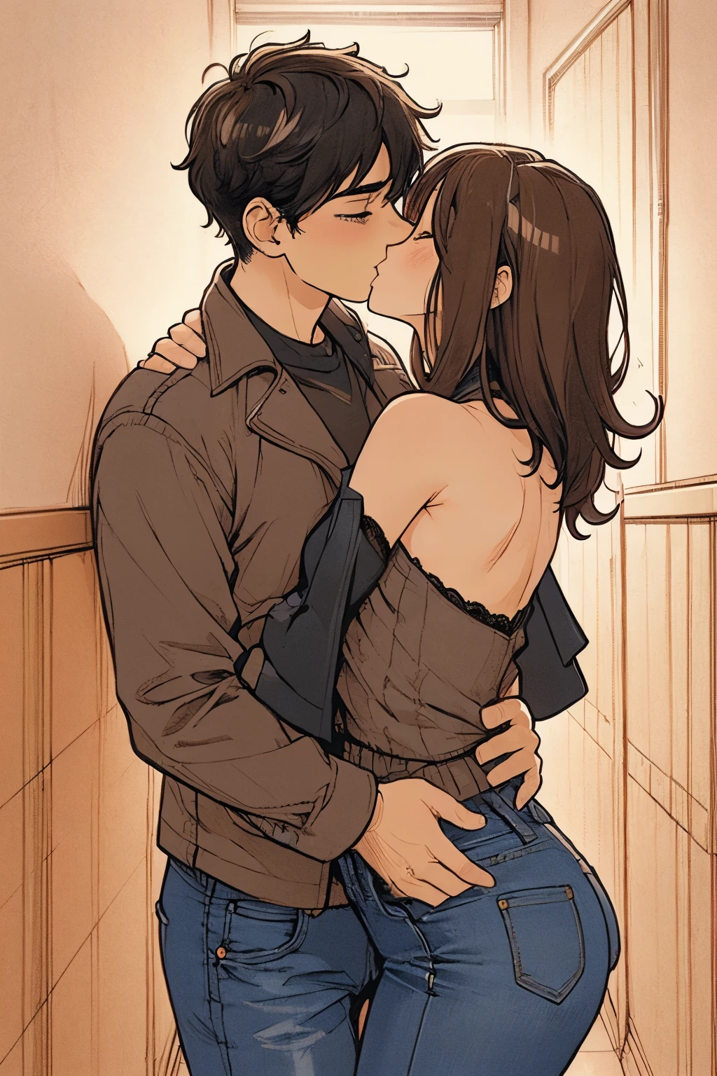 boy wearing a black leather jacket pulled off his shoulders kissing and making out with a sexy woman with long wavy black brown hair wearing an unbuttoned black shirt pulled off her shoulders showcasing her black lacy bra and jeans in a secluded corner of a club