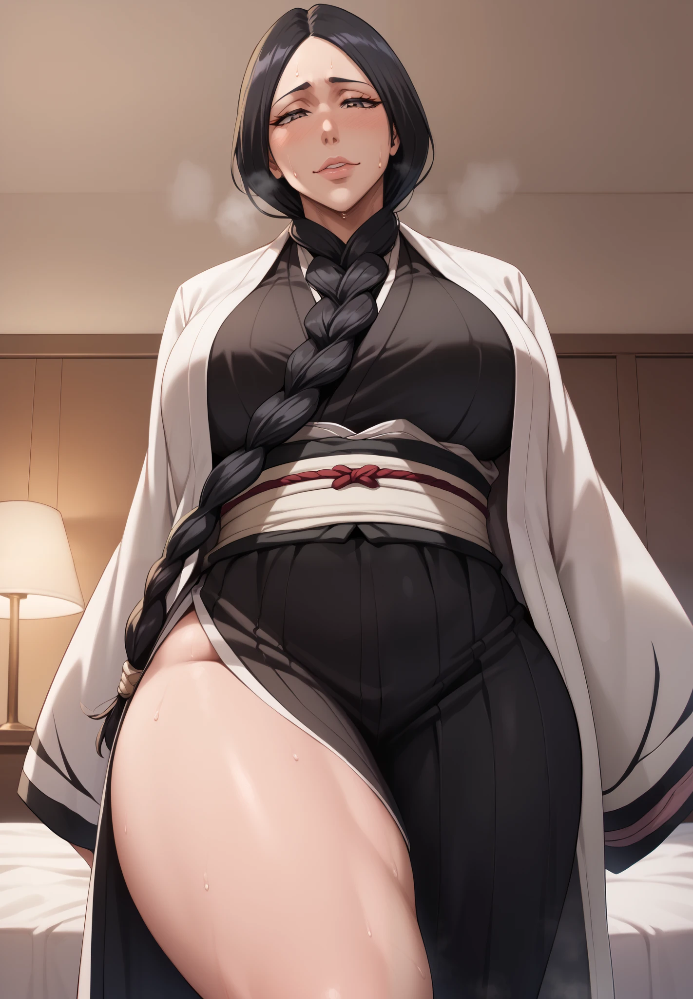 Score_9, Score_8_up, Score_7_up, Score_6_up, Score_5_up, Score_4_up, Source_anime, Tag1, Tag2, Best quality, High quality, Detailed, High resolution, 8k, Ultra high res, Soft saturation, Professional quality, Perfect contrast, Perfect litthing, Anatomically correct, big breasts, Wide hips, big butt, Thick thighs, Sensual woman, mature female, bedroom eyes, seductive, bedroom, steam fog, sweat, shy, embarrassed, sensual eyes, bed, steam, breath, looking, voluptuous body, standing, female, pov, face focus, pov, face focus, Unohana_Retsu, Bleach, bedroom, Unohana_Retsu, braided hair, single hair braid, black hair, motherly face, Unohana_Retsu, long black hair, straight hair, sweating, looking pleasured, body suit, low angle view, seductive expression, dress, thick thighs, seductive face, no stockings, no stockings, black clothes