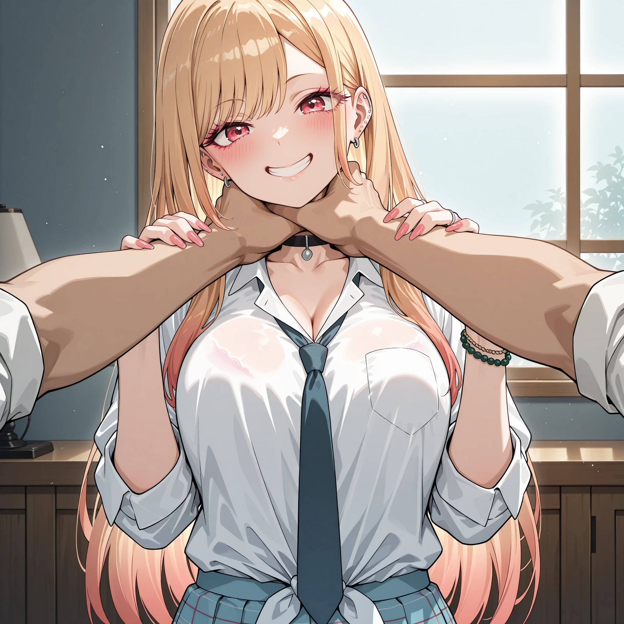 ((highest quality、High resolution、masterpiece))、Blonde、beautiful girl、Cosplay、skirt、Focus on the penis、((She gives a blowjob to a boy))