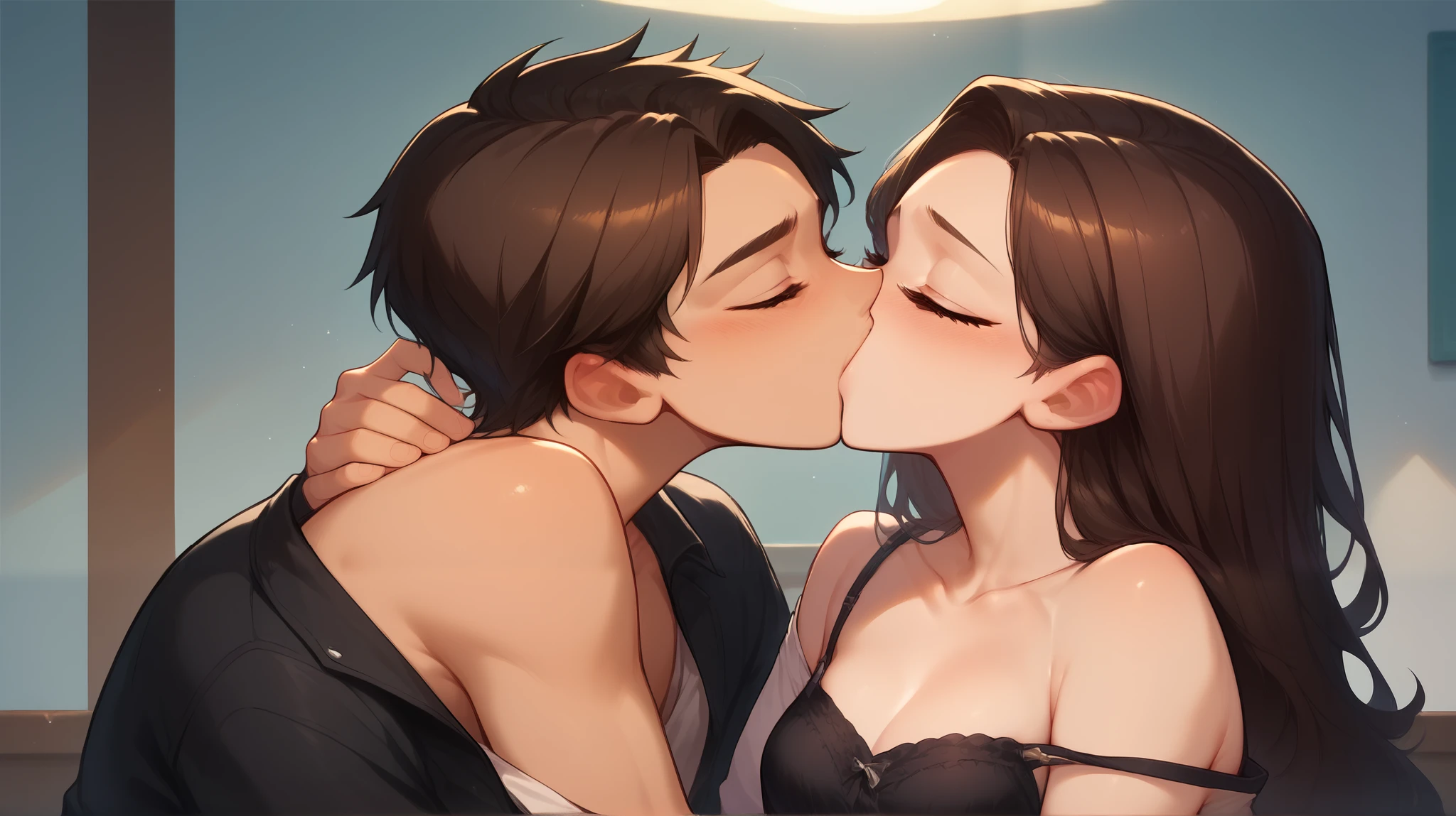 boy wearing a black leather jacket pulled off his shoulders kissing and making out with a sexy woman with long wavy black brown hair wearing an unbuttoned black shirt pulled off her shoulders showcasing her black lacy bra and jeans in a secluded corner of a club