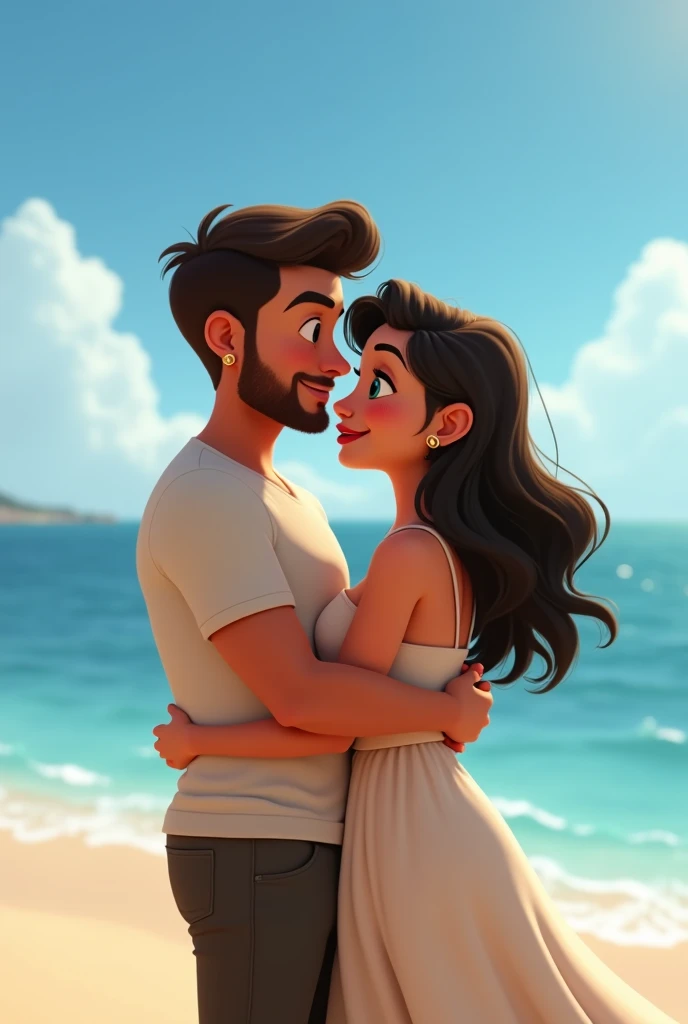 Generate a 3d image of A guy wearing tshirt and shorts  at bottom  and written Arbaz on it  ,looking handsome with good shaped beard , sweet smile , kissing her best friend on forehead and hugging her ,wearing bikini  written Anisha on it, with straight wavy hairs, with beautiful eyes ,pretty smile , background beach of Goa 