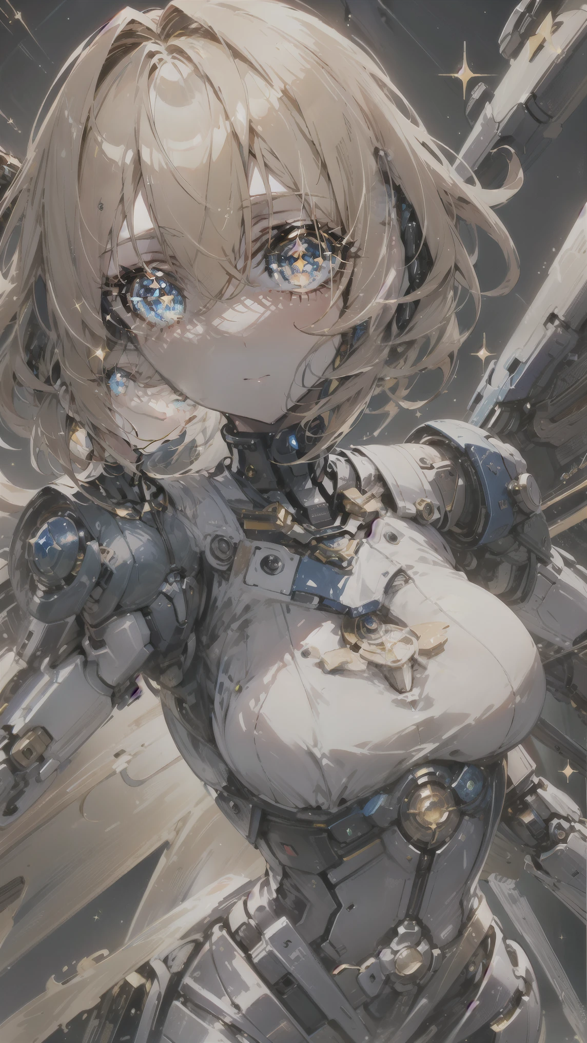 ((masterpiece)), ((best quality)), perfect detailed eyes, perfect detailed face, light brown hair, hair over shoulder, anime style, Surrealism, sparkle, cinematic lighting, A beautiful woman with a Gundam-style mechanical body, Mechanical limbs, sci-fi anime, Robot Woman, Colorful rays on background, Composition (cowboy shot)