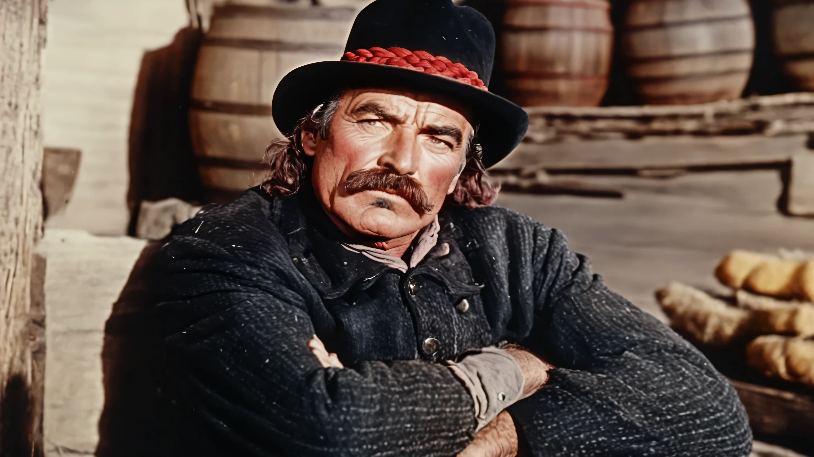 an old western rough man with black stumble and moustache, red braid and grey jacket, 1950's super panavision 70 movie, 4k detailed, old movie, realism, ultra realistic, retro in color, grainy film, western, bokeh, rich and saturated colors, dramatic lighting