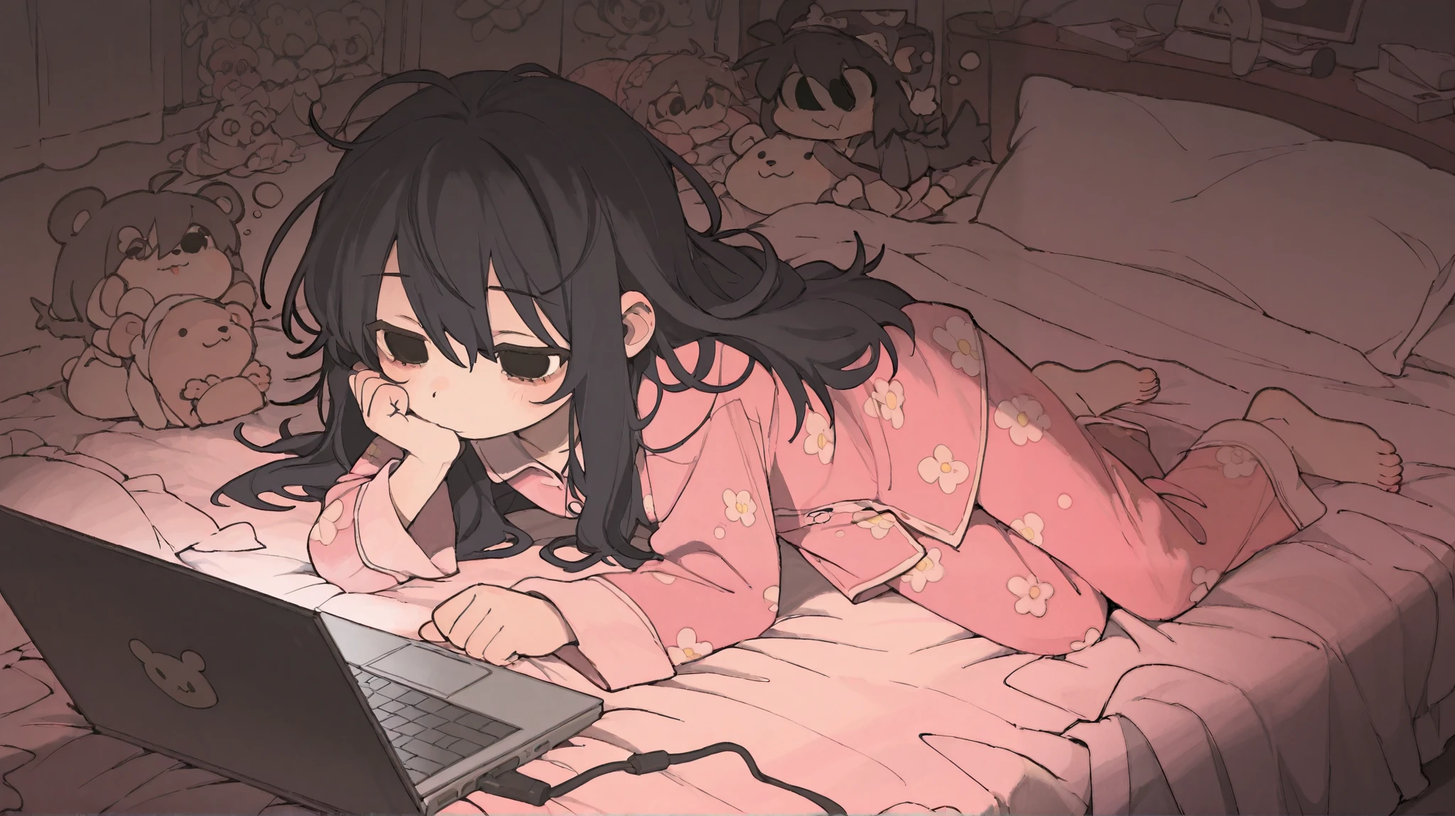 1 girl、 black hair、 pink inner color with a bear in her ear 、 unkempt long hair、 my eyes are black 、Sleepy eyes、pink long sleeve pajamas and pants、I'm fiddling with my laptop on my bed、 barefoot、Messy Room、 deformed、 little character、
