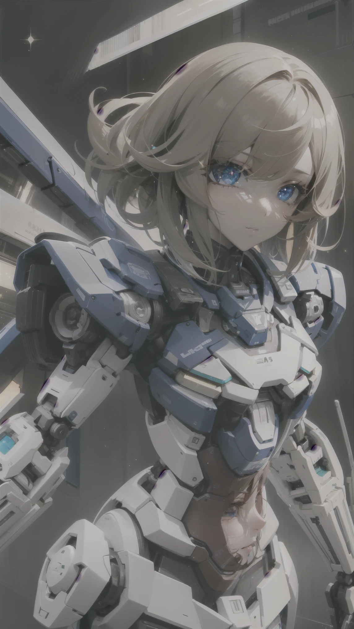 ((masterpiece)), ((best quality)), perfect detailed eyes, perfect detailed face, light brown hair, hair over shoulder, anime style, Surrealism, sparkle, cinematic lighting, A beautiful woman with a Gundam-style mechanical body, Mechanical limbs, sci-fi anime, Robot Woman, Colorful rays on background, Composition (cowboy shot)