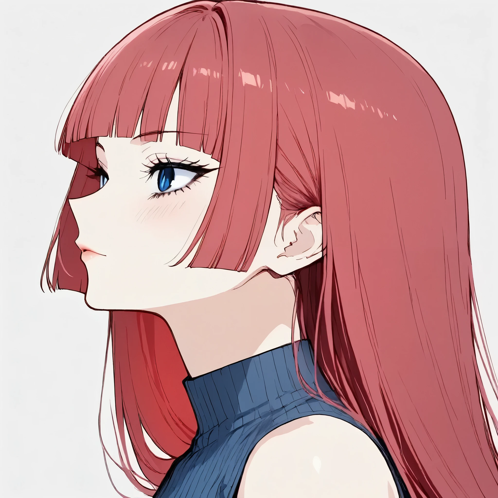 、profile、 upper body、Red hair heroine、1girl ,Red hair heroine face、 adult female, blue eyes、Sleeveless ribbed shirt
Straight hair,Long hair ,Red Hair, blunt bangs,Sharp Eyes, blue eyes, white background、light blush, light pinck lips