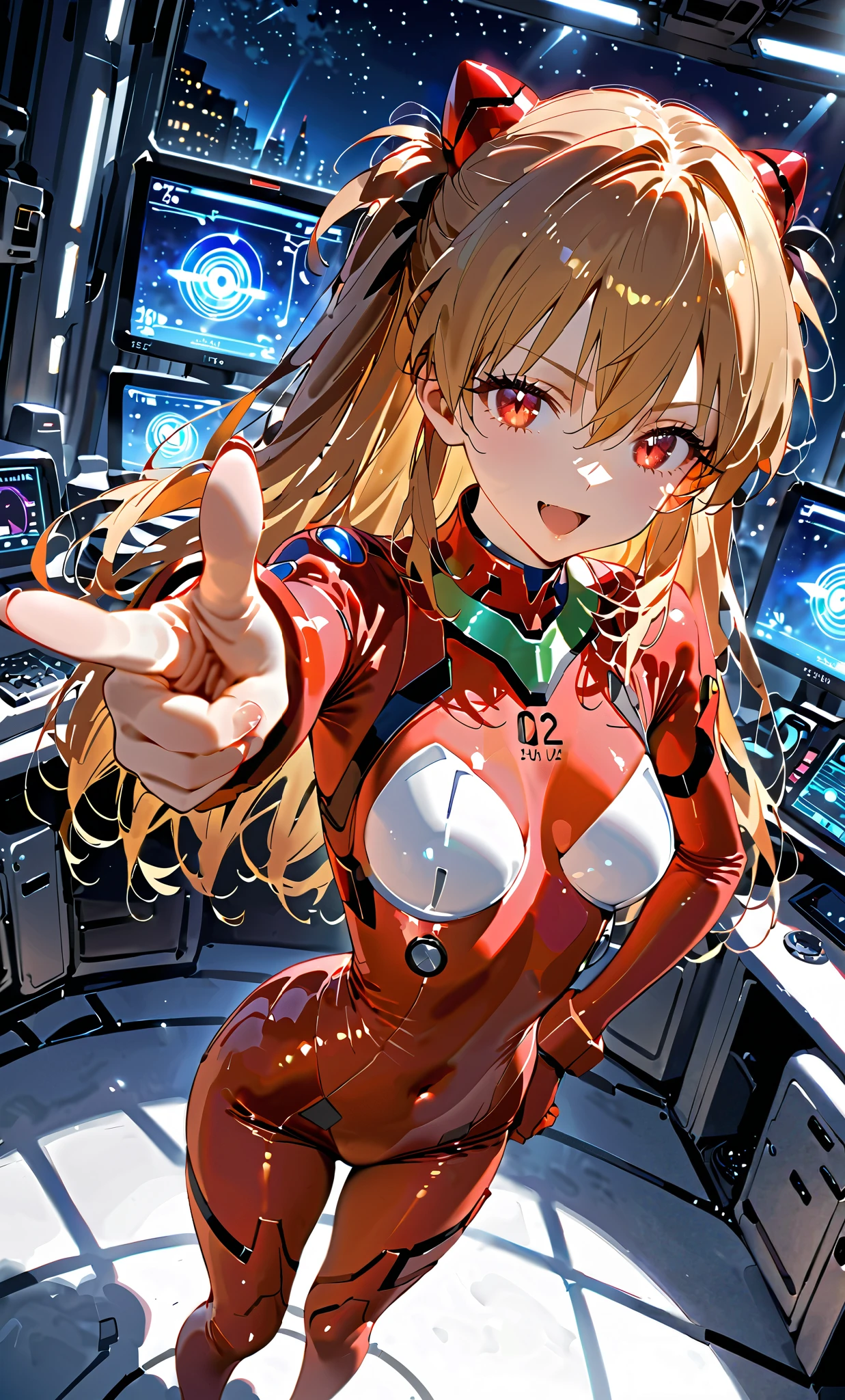 (Overhead view),dynamic angle,ultra-detailed, illustration, close-up, straight on, 1girl, 
 ((souryuu asuka langley, interface headset, red bodysuit:1.4, blonde)),Her eyes shone like dreamy stars,(glowing eyes:1.233),(beautiful and detailed eyes:1.1),(expressionless),(standing), Spell of the Last（prompt）
(masterpiece, best quality, ultra high res, perfect anatomy, extremely detailed),
BREAK,
1girl,
,
red eyes,
twintails,
black hair,
very large ribbon in hair,
idol costume,
BREAK,
(finger pointing),
(full face),
one eye closed,
(open mouth),
glow eyes,
smile,
stage light,
(mechanic room with toolsand spaceship windowin a white SPACESHIP),
(night:1.2),dreamy, [[delicate fingers and hands:0.55]::0.85],(detail fingers),