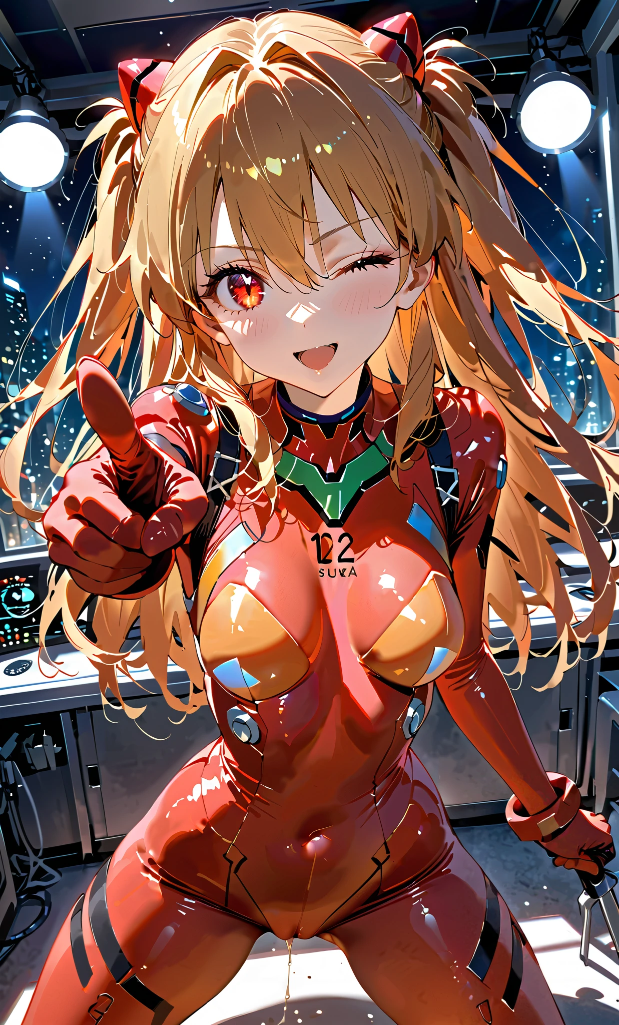 (Overhead view),dynamic angle,ultra-detailed, illustration, close-up, straight on, 1girl, 
 ((souryuu asuka langley, interface headset, red bodysuit:1.4, blonde)),Her eyes shone like dreamy stars,(glowing eyes:1.233),(beautiful and detailed eyes:1.1),(expressionless),(standing), Spell of the Last（prompt）
(masterpiece, best quality, ultra high res, perfect anatomy, extremely detailed),
BREAK,
1girl,
,
red eyes,
twintails,
black hair,
very large ribbon in hair,
idol costume,
BREAK,
(finger pointing),
(full face),
one eye closed,
(open mouth),
glow eyes,
smile,
stage light,
covered cameltoe, covered cunt, spread legs, anus showing off
(mechanic room with toolsand spaceship windowin a white SPACESHIP),
(night:1.2),dreamy, [[delicate fingers and hands:0.55]::0.85],(detail fingers),