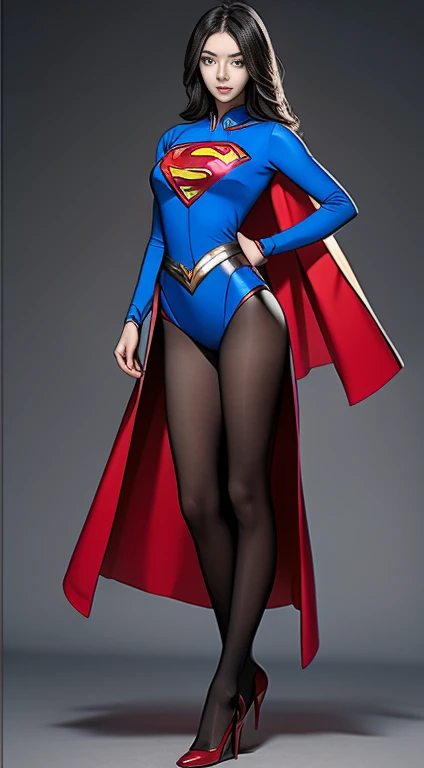 (whole body), (masterpiece:1.2), (Highest_quality:1.2), (Ultra_detailed:1.3), 8k,Low Angle，From below，1 girl，solo，Big ass girl, Frustrated face，Glare，Watch the audience，Mid-chest, barefoot，Red long boots，3D Rendering, superman_oc，( Supergirl)，Laura Bodewig, Long Hair, (Red eyes:1.3), Grey Hair, Eye patch,Blue leotard，Red Cape，gloves，Simple Background，White Background，(Squat，Spread your legs，Raise your arms back),