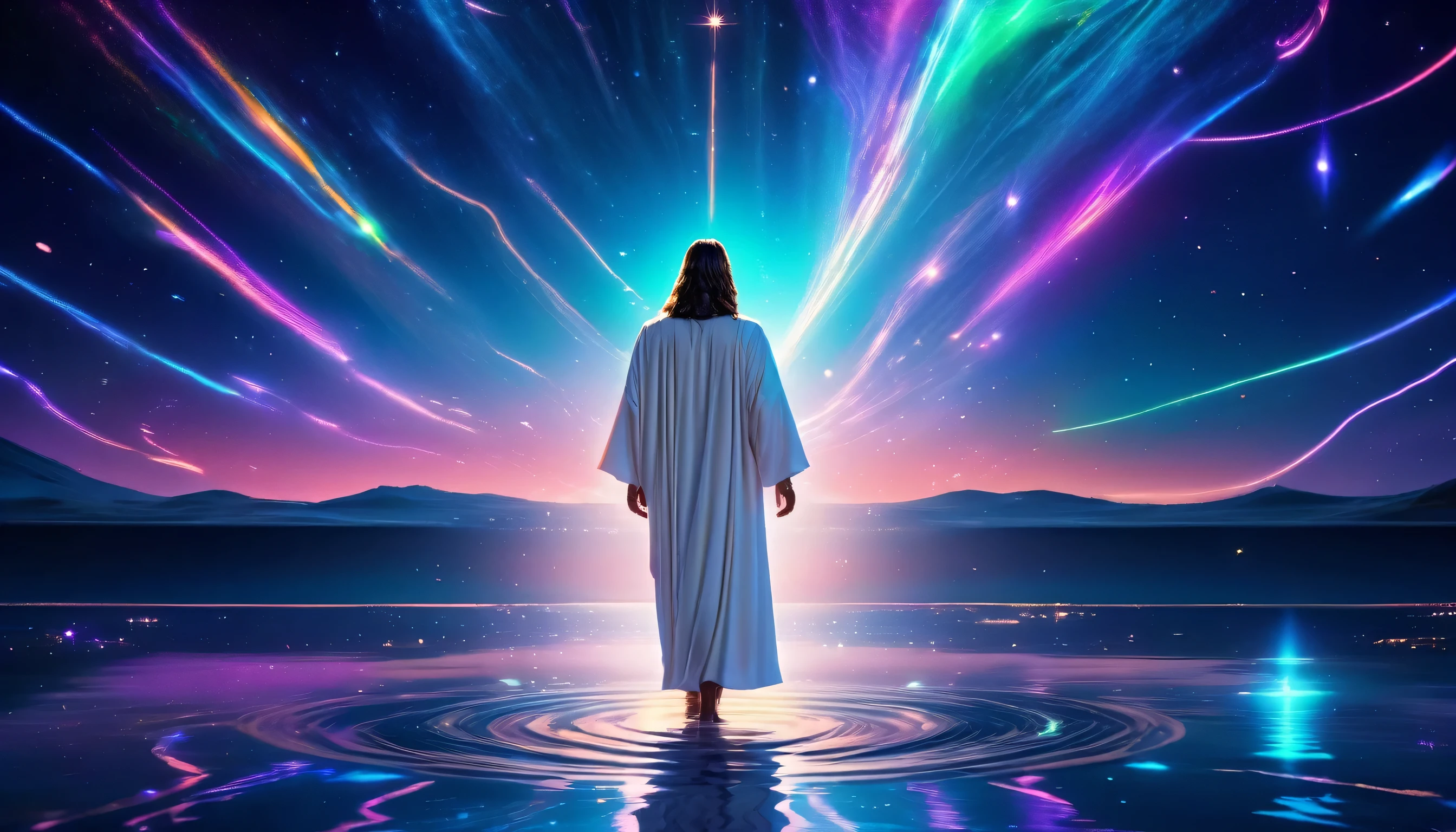 "Futuristic Jesus walking on water, with a starry sky in the background, neon lights reflecting in water, white tunics with technological details, expressing serenity , high definition 8k resolution , super verbose "
