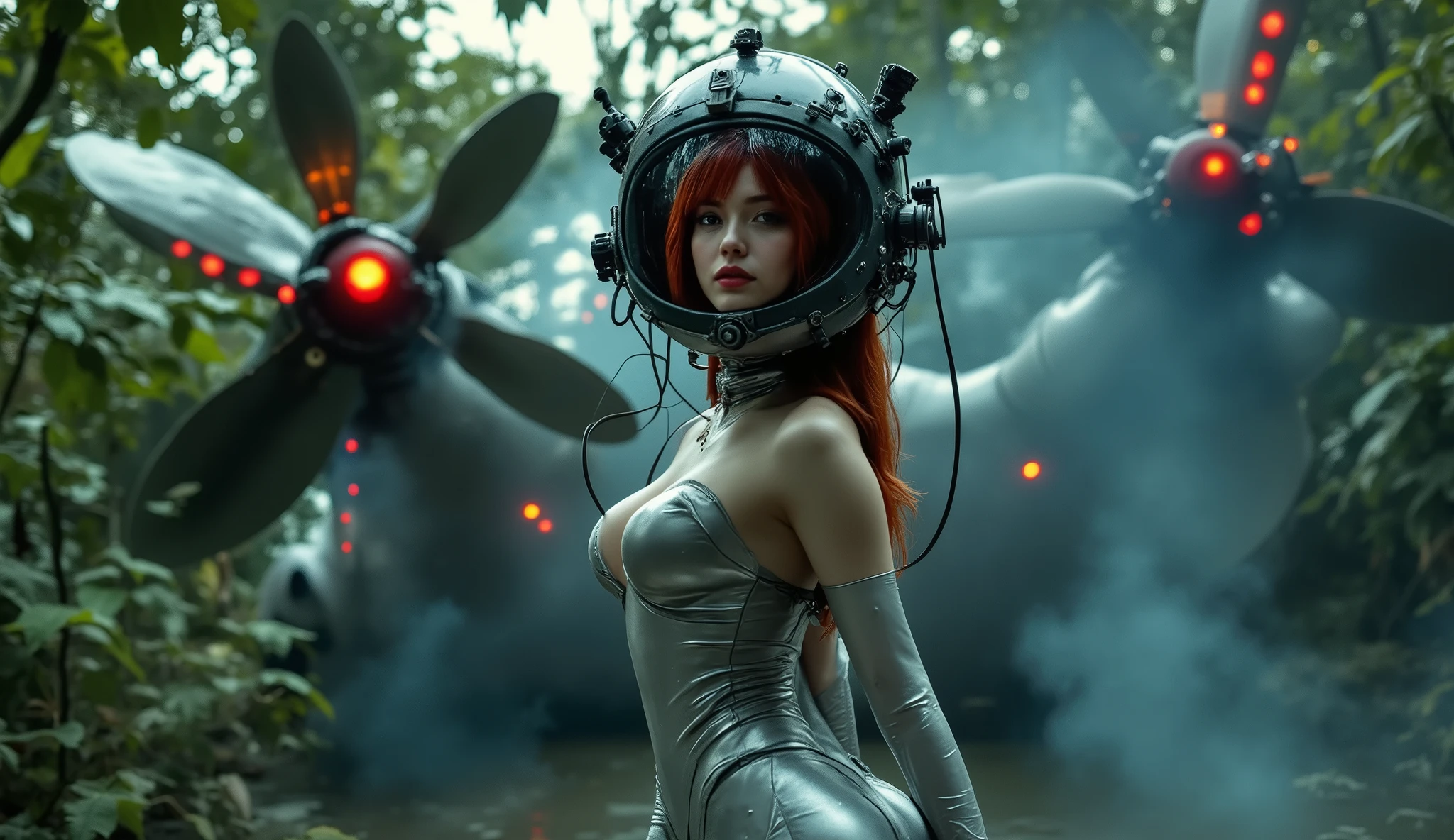 cute redhead woman in twin tails, multiple rainbow colored hair, sky-blue eyes, happy, Ukrainian, petite, pale skin, wearing a green metallic color bikini, post apocalyptic background, bleak barren desert, photo realistic woman. --auto