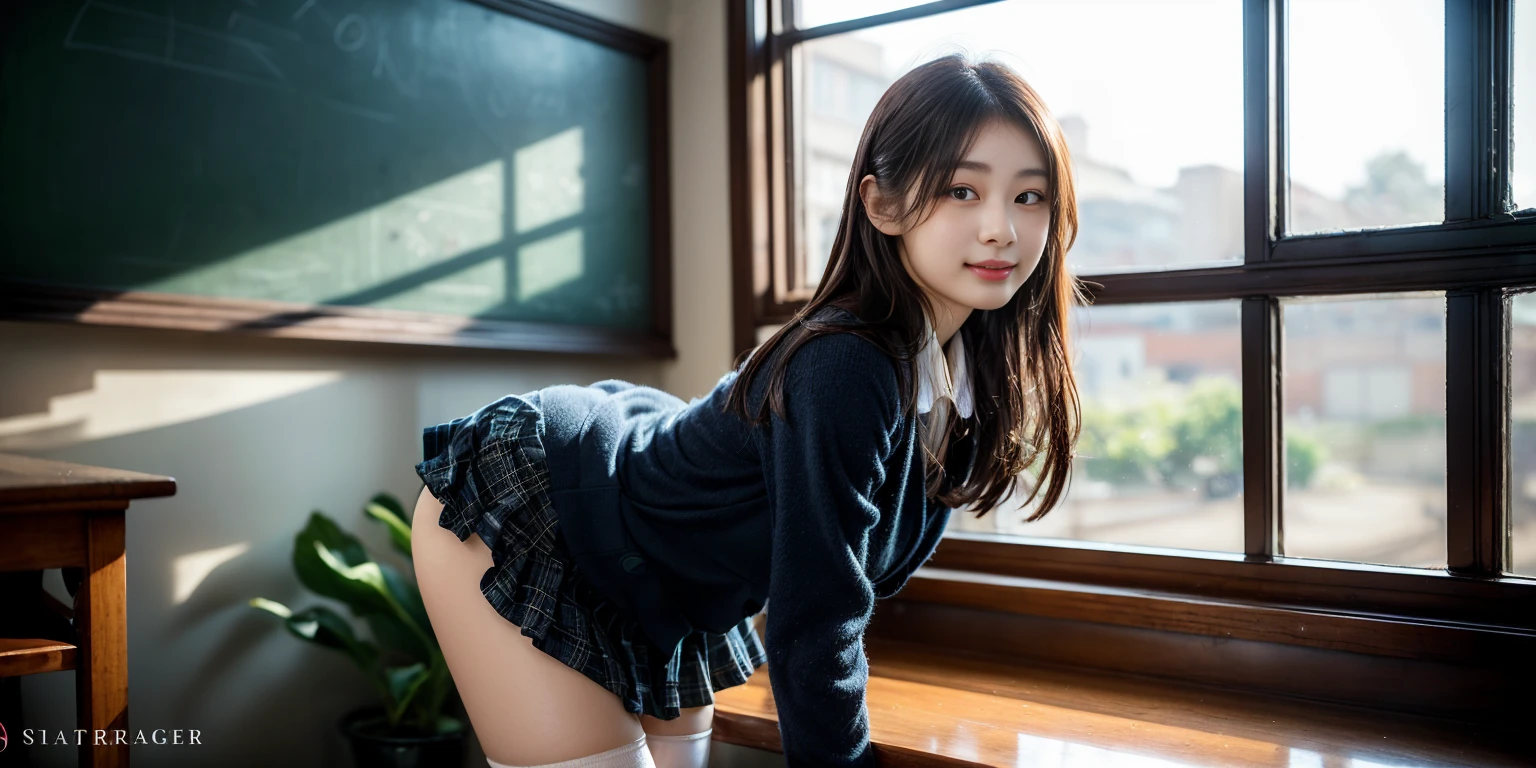 ((highest quality、8k、masterpiece:1.3)),((((fullbody shot)))),Ultra-high resolution,big eyes,Japanese,bangs,(a girl),(1 girl),((20 years old)),((facing at viewer)),(long hair),(((black sweater))),grin,((squatting)),(pleated mini skirt),(((pussy))),((pubic hair)),((skirt lift)),(((short crew socks)))