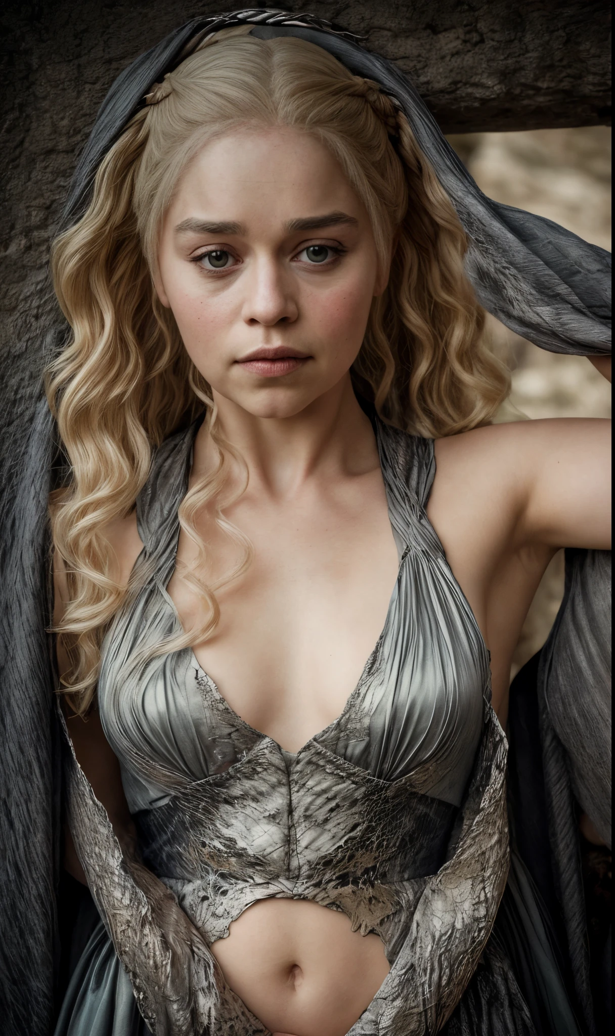 Masterpiece, best quality, detailed face, Daenerys Targaryen, sexy dress, midriff, in a room, looking at viewer, sexy smirk face