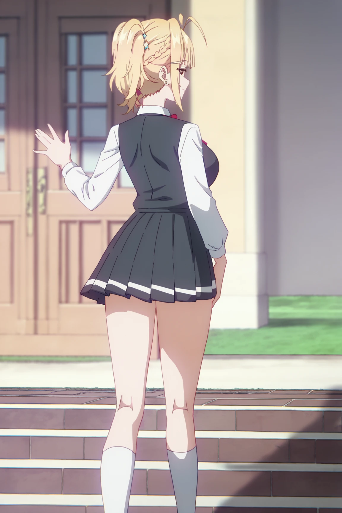 masterpiece anime artwork 1girl, slim, beautiful, 20 years old, sexy, looking away, from behind, underwear, skirt, panties, pantyshot, on stage, behind a podium, lectern, in front of an audience, crowd, auditorium . anime style, key visual, studio anime, highly detailed <lora:accidental_exposure_Leti:0.7> accidental_exposure, skirt lift, bag