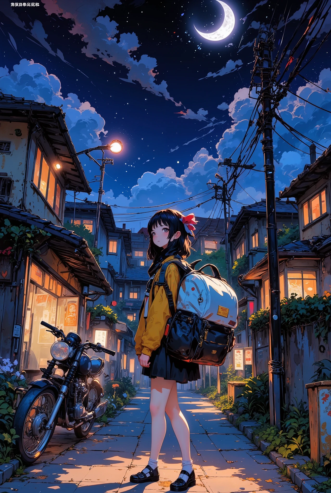 A Girl, Street Corner in a Japanese Suburb, Express a backpack, Motorcycle bed light clearly on the night of the crescent moon, Very big backpack, Move at night, Luxurious Fabrics, Details, full color illustrations, Fantastic painting atmosphere, anatomically accurate, Japanese Streetscape in the 1980s, masterpiece, best quality, (High Definition, masterpiece, Accurate, top quality, High Definition model, high detail, (((The textures are soft))), ((matte and toy-like with a handmade premium look)), (((Tim Burton style))),
