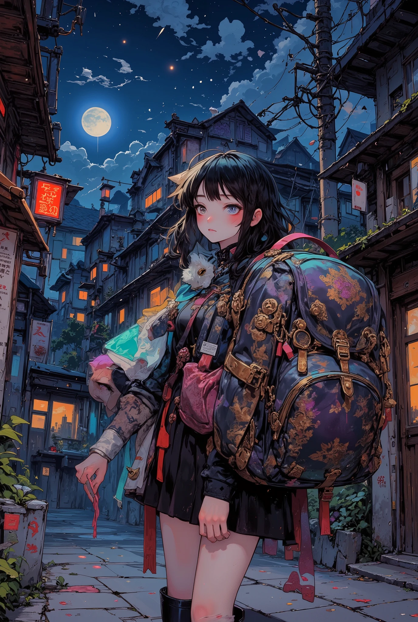 A Girl, Street Corner in a Japanese Suburb, Express a backpack, Motorcycle bed light clearly on the night of the crescent moon, Very big backpack, Move at night, Luxurious Fabrics, Details, full color illustrations, Fantastic painting atmosphere, anatomically accurate, Japanese Streetscape in the 1980s, masterpiece, best quality, (High Definition, masterpiece, Accurate, top quality, High Definition model, high detail, (((The textures are soft))), ((matte and toy-like with a handmade premium look)), (((Tim Burton style))),