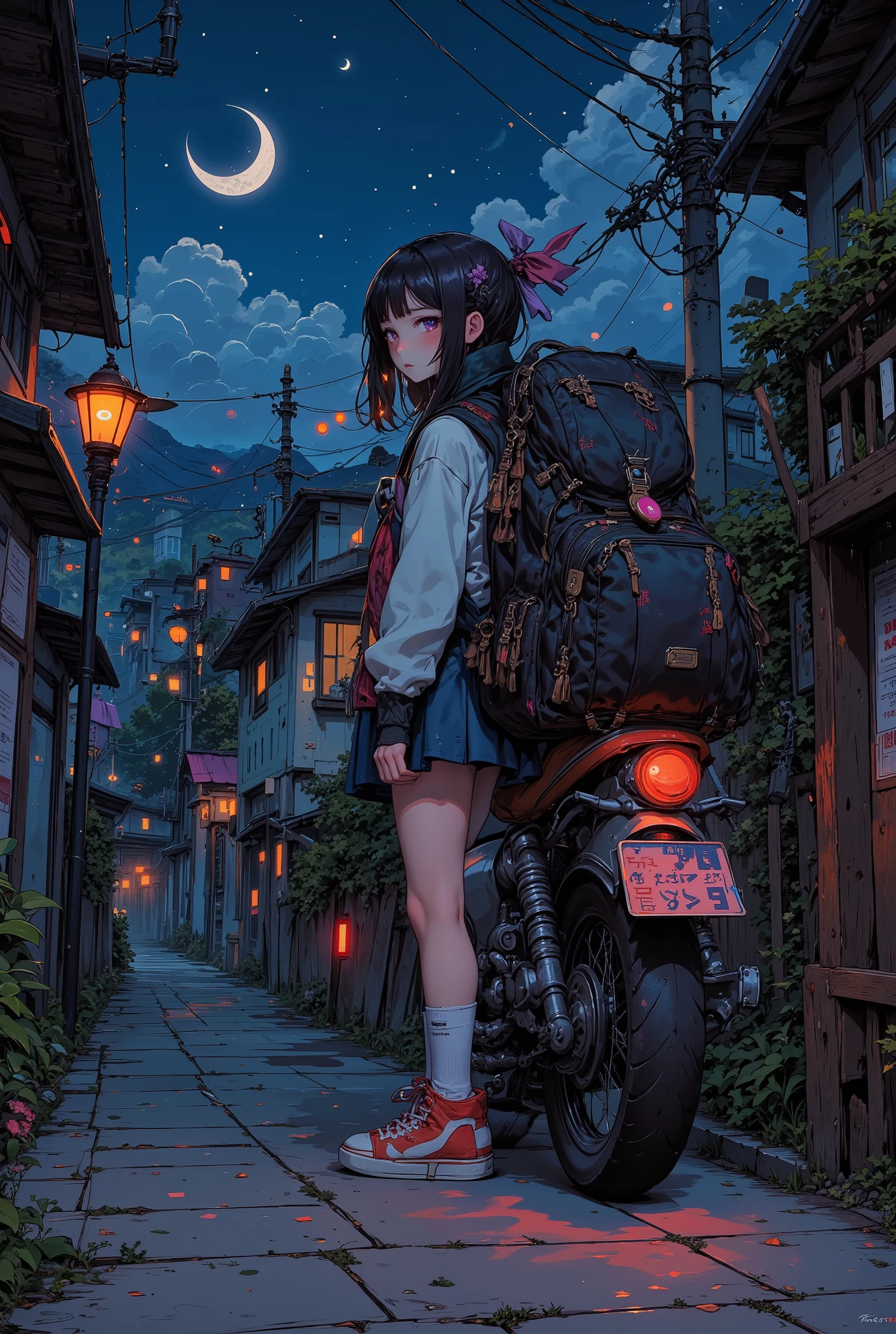 A Girl, Street Corner in a Japanese Suburb, Express a backpack, Motorcycle bed light clearly on the night of the crescent moon, Very big backpack, Move at night, Luxurious Fabrics, Details, full color illustrations, Fantastic painting atmosphere, anatomically accurate, Japanese Streetscape in the 1980s, masterpiece, best quality, (High Definition, masterpiece, Accurate, top quality, High Definition model, high detail, (((The textures are soft))), ((matte and toy-like with a handmade premium look)), (((Tim Burton style))),