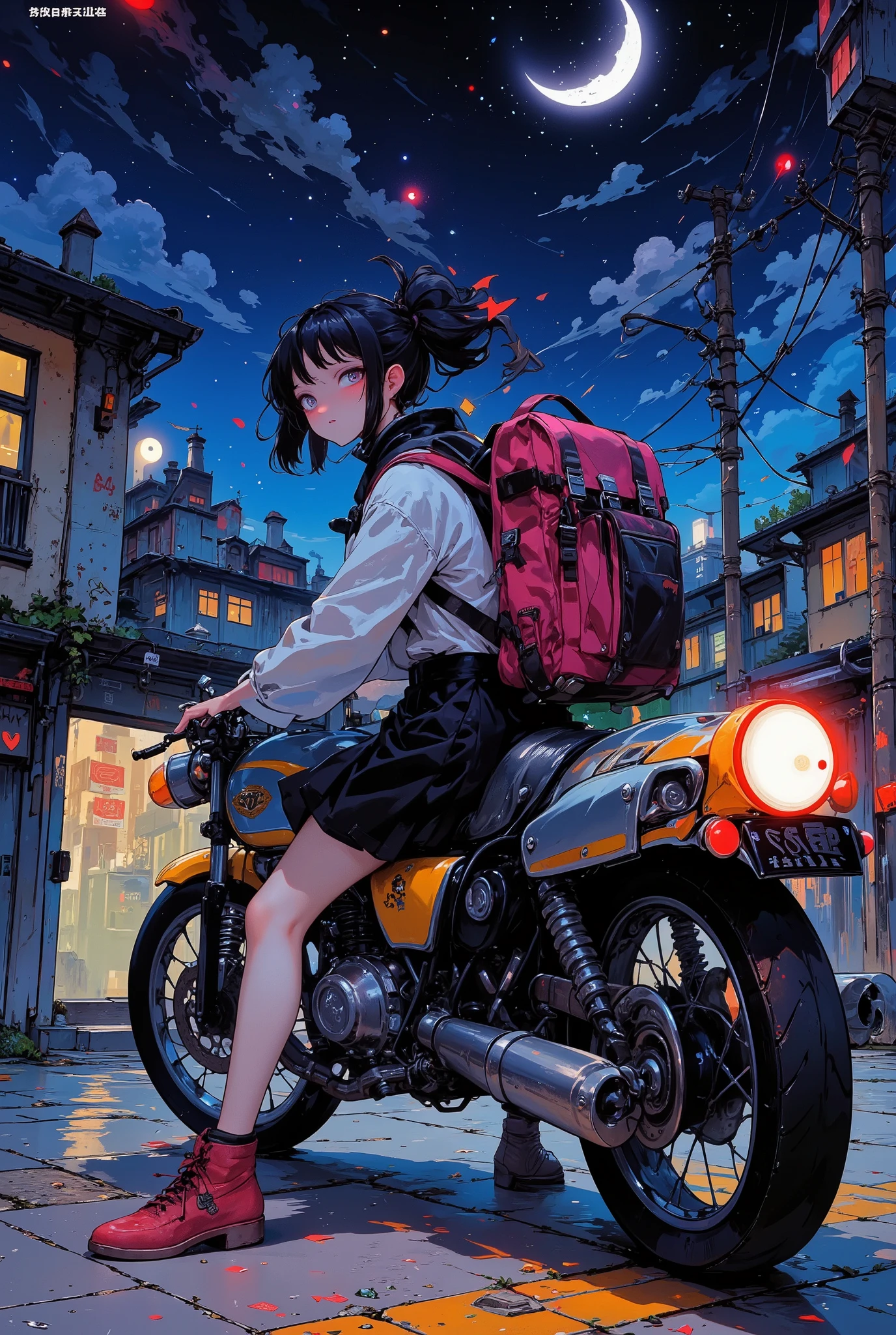 A girl straddling a motorcycle and looking back at us, Street Corner in a Japanese Suburb, Motorcycle bed light clearly on the night of the crescent moon, Very big backpack, Move at night, Luxurious Fabrics, Details, full color illustrations, Fantastic painting atmosphere, ((anatomically accurate)), Japanese Streetscape in the 1980s, masterpiece, best quality, (High Definition, masterpiece, Accurate, top quality, High Definition model, high detail, (((The textures are soft))), ((matte and toy-like with a handmade premium look)), (((Tim Burton style))), 