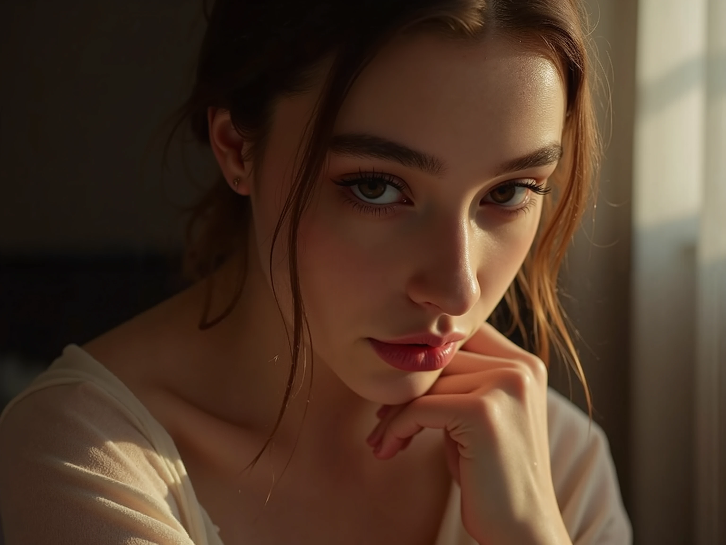 quality & silent:
full body, full shot, (8k Ultra HD, erotic Magazine Photoshoting with other actress, cinematic lighting, razor sharp, flawless skin, fine light & shadow contrasts , ultra-detailed eyes , Lips & hair).
🎭 Scene & background:
Neutraler Studio- background – sanftes Bokeh, elegant color gradients or monochrome aesthetics .
Different lighting - high-key for radiant freshness , low key for deep sensuality , golden light for warm accents .
👩 Figure & Styling:
hot cute Female ar old model inspired by Cherry, Anya Taylor-Joy, Margot Robbie or Bella Hadid .
Medium-sized breasts, flat stomach, narrow waist, feminine hips, trained ass, thigh crack, Glamouröses Make-up & perfect hair — voluminous curls or sleek & elegant.
sexy & stylish clothing - silk top with deep neckline , delicate lace , tight blouse slightly opened ,
📷 Pose & Facial expressions:
image section : head down to chest .
different viewing angles : Straight into the camera , seductive side view , over the shoulder with mysterious expression .
Variierende Facial expressions: gently smiling, intensiv & Passionate, leicht geöffnete Lips für dezente Erotik.
Dynamic head & shoulder movements : hair zurückwerfen, gently touch the neck or décolleté for sensual accents.
✨ An elegant, sensual portrait shoot with seductive sex appeal . ✨