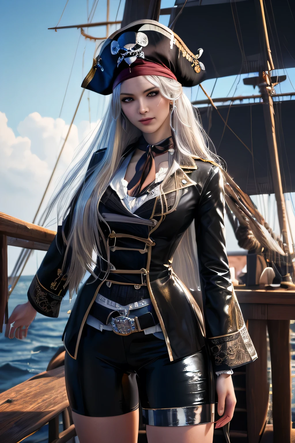 8K、Captain in black and gold pirate costume、Super beauty(Like the real thing)red and black big chest pirate costume、Realistic costume texture、Eye patch over one eye(A black)enchanted、Lifelike skin,looking at viewert,blue eyess,Blonde wavy hair,ultra-sexy,Beautiful Landscapes,Super High Resolution,reallistic,super detailing,ultra -detail,On the deck of a pirate ship,a smile,super sexy super,Emphasizes cleavage,