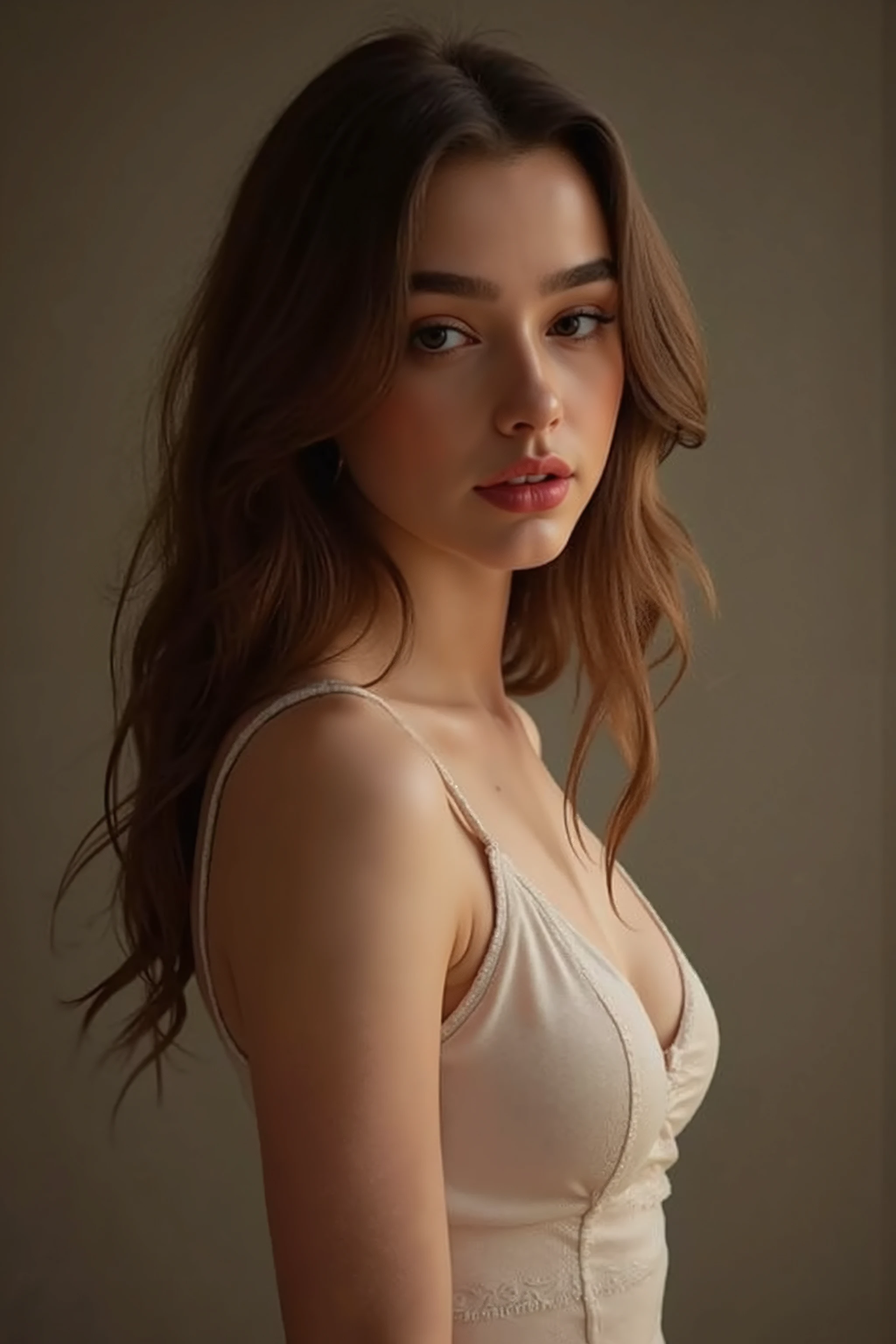 quality & silent:
full body, full shot, (8k Ultra HD, erotic Magazine Photoshoting with other actress, cinematic lighting, razor sharp, flawless skin, fine light & shadow contrasts , ultra-detailed eyes , Lips & hair).
🎭 Scene & background:
Neutraler Studio- background – sanftes Bokeh, elegant color gradients or monochrome aesthetics .
Different lighting - high-key for radiant freshness , low key for deep sensuality , golden light for warm accents .
👩 Figure & Styling:
hot cute Female ar old model inspired by Cherry, Anya Taylor-Joy, Margot Robbie or Bella Hadid .
Medium-sized breasts, flat stomach, narrow waist, feminine hips, trained ass, thigh crack, Glamouröses Make-up & perfect hair — voluminous curls or sleek & elegant.
sexy & stylish clothing - silk top with deep neckline , delicate lace , tight blouse slightly opened ,
📷 Pose & Facial expressions:
image section : head down to chest .
different viewing angles : Straight into the camera , seductive side view , over the shoulder with mysterious expression .
Variierende Facial expressions: gently smiling, intensiv & Passionate, leicht geöffnete Lips für dezente Erotik.
Dynamic head & shoulder movements : hair zurückwerfen, gently touch the neck or décolleté for sensual accents.
✨ An elegant, sensual portrait shoot with seductive sex appeal . ✨